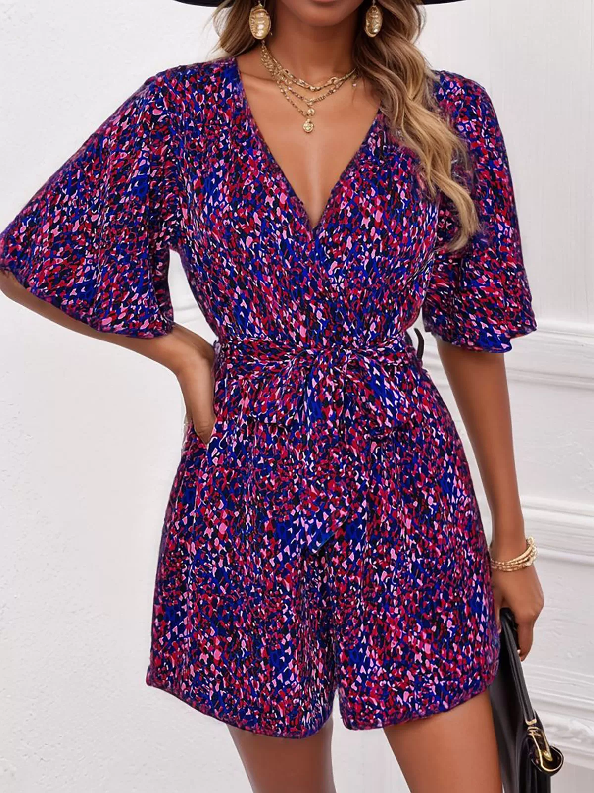 All Over Print Lace-up Surplice High Rise Flare Jumpsuits, 3 of 5