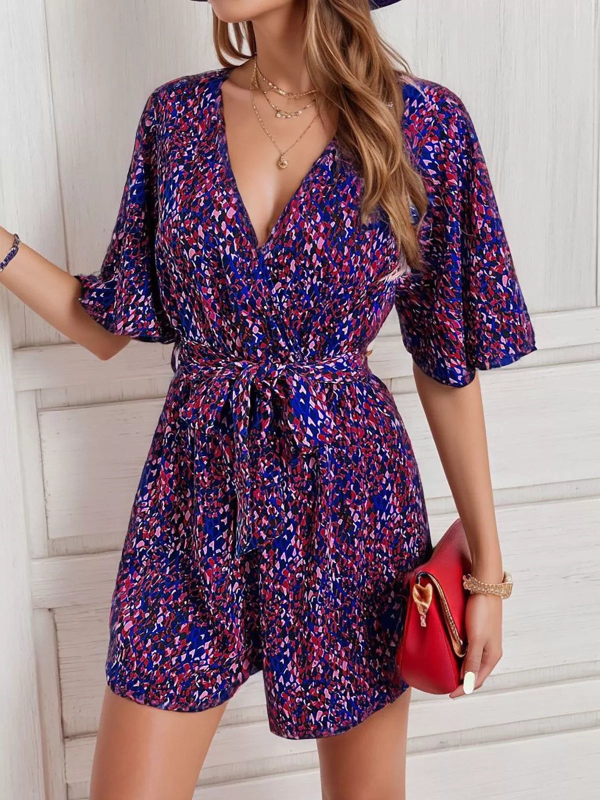 All Over Print Lace-up Surplice High Rise Flare Jumpsuits, 5 of 5