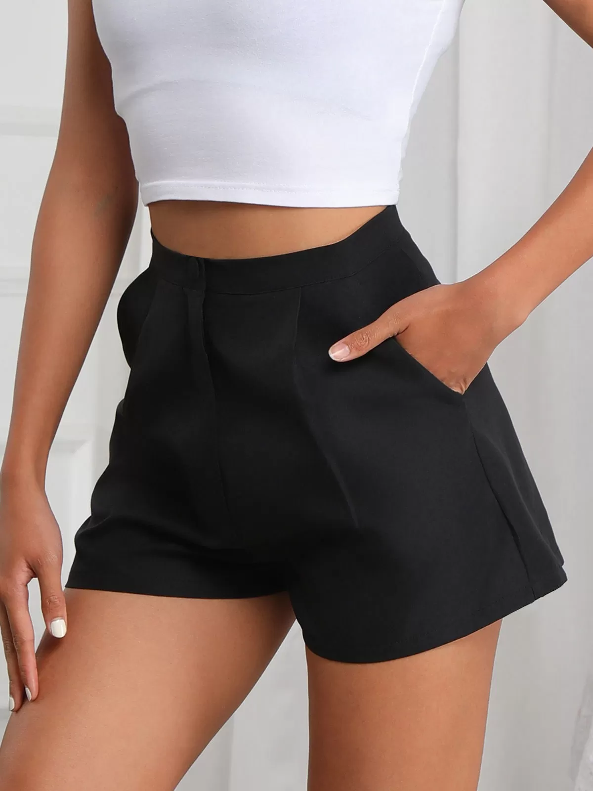 Solid Button High Rise Button Fly Shorts, 3 of 6