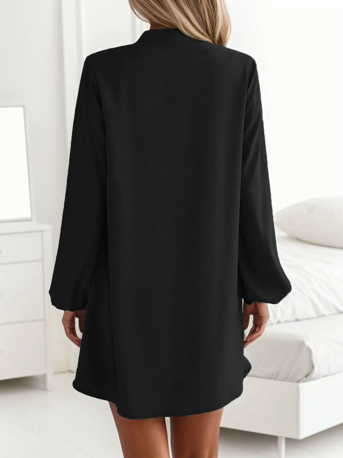 Solid Button Notched Lantern A-line Dress, 2 of 5