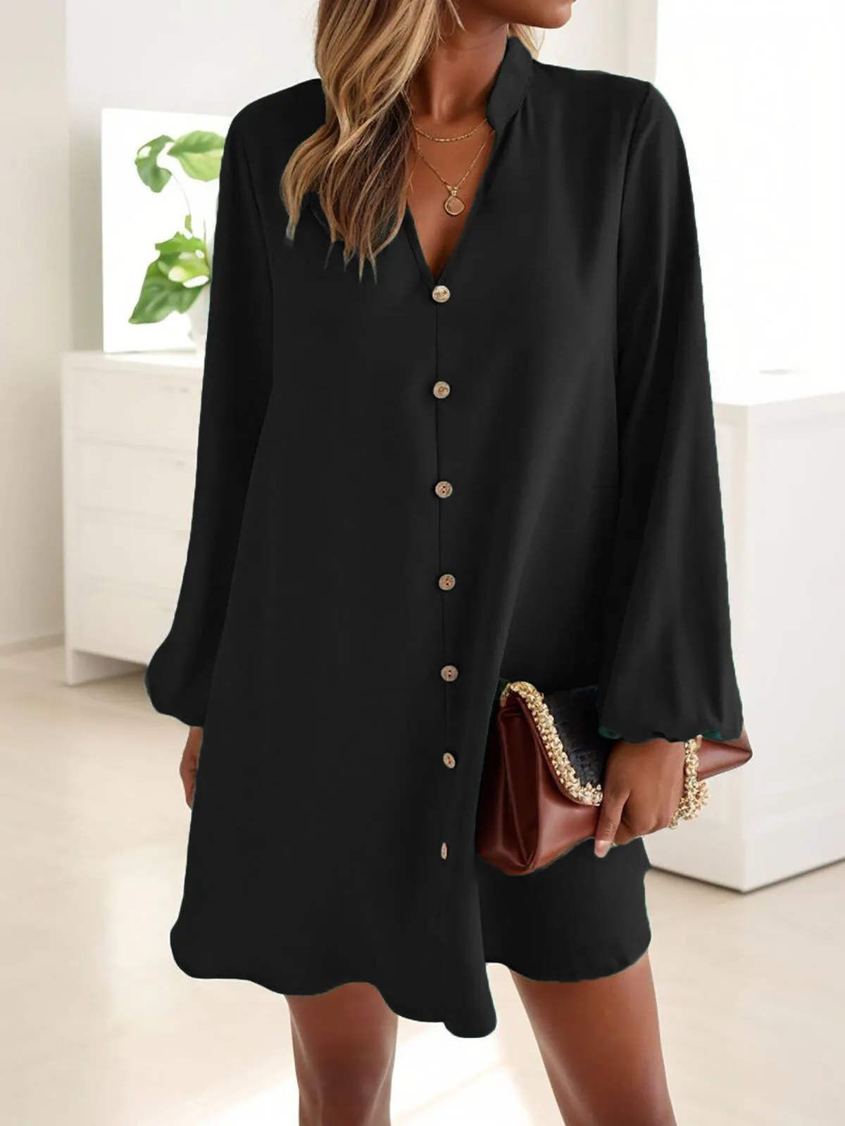 Solid Button Notched Lantern A-line Dress, 3 of 5