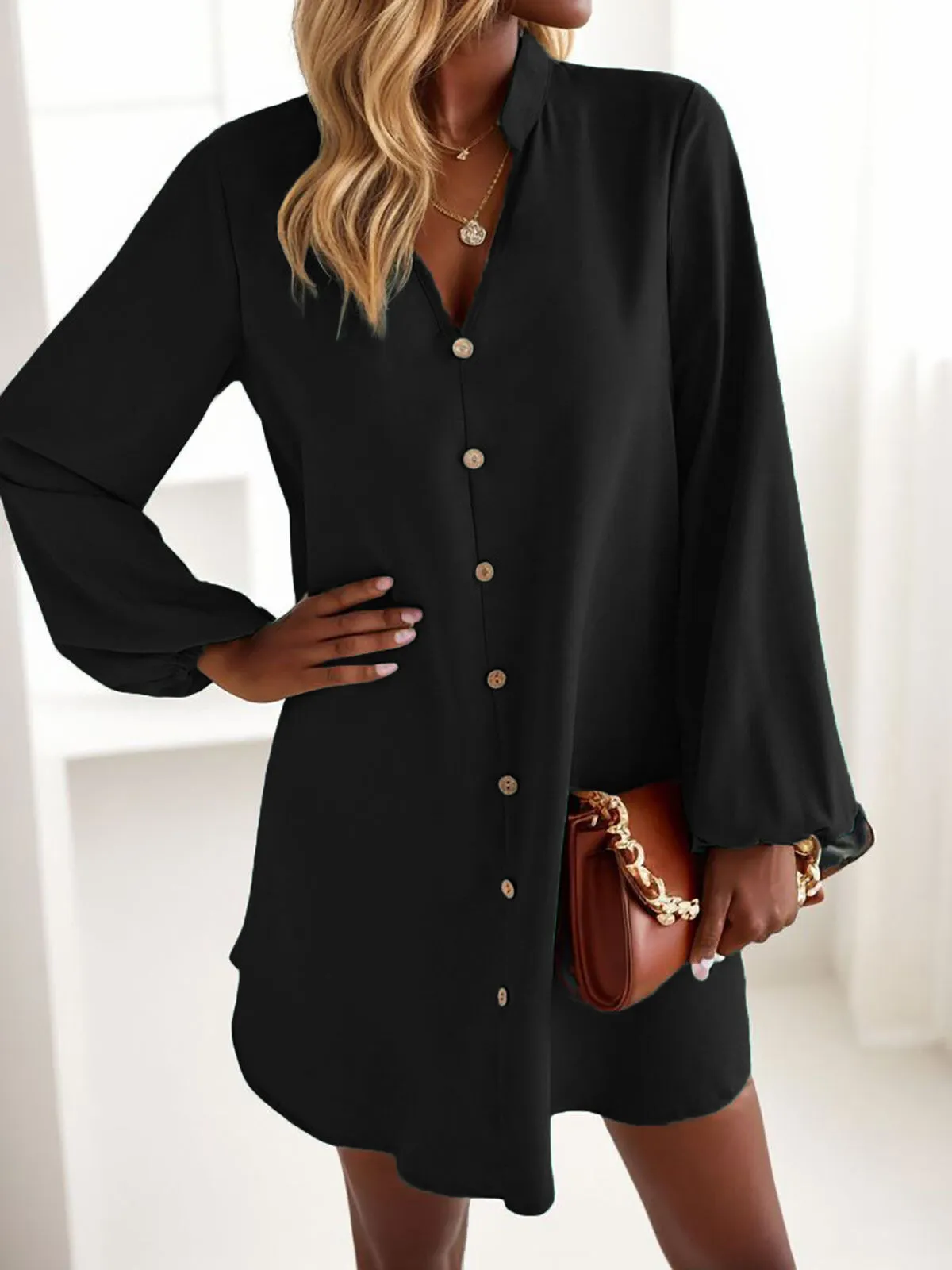 Solid Button Notched Lantern A-line Dress, 4 of 5