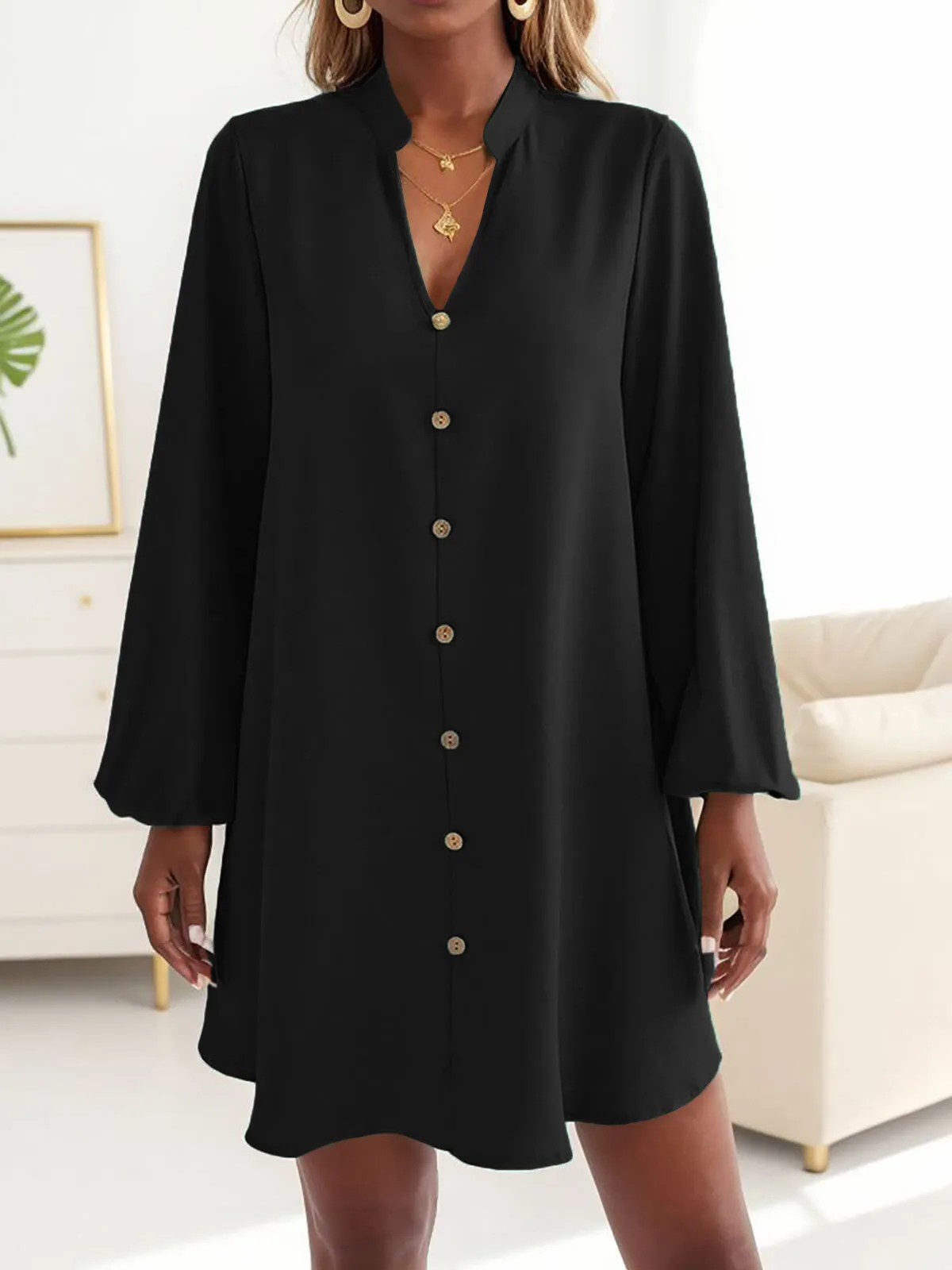 Solid Button Notched Lantern A-line Dress, 5 of 5