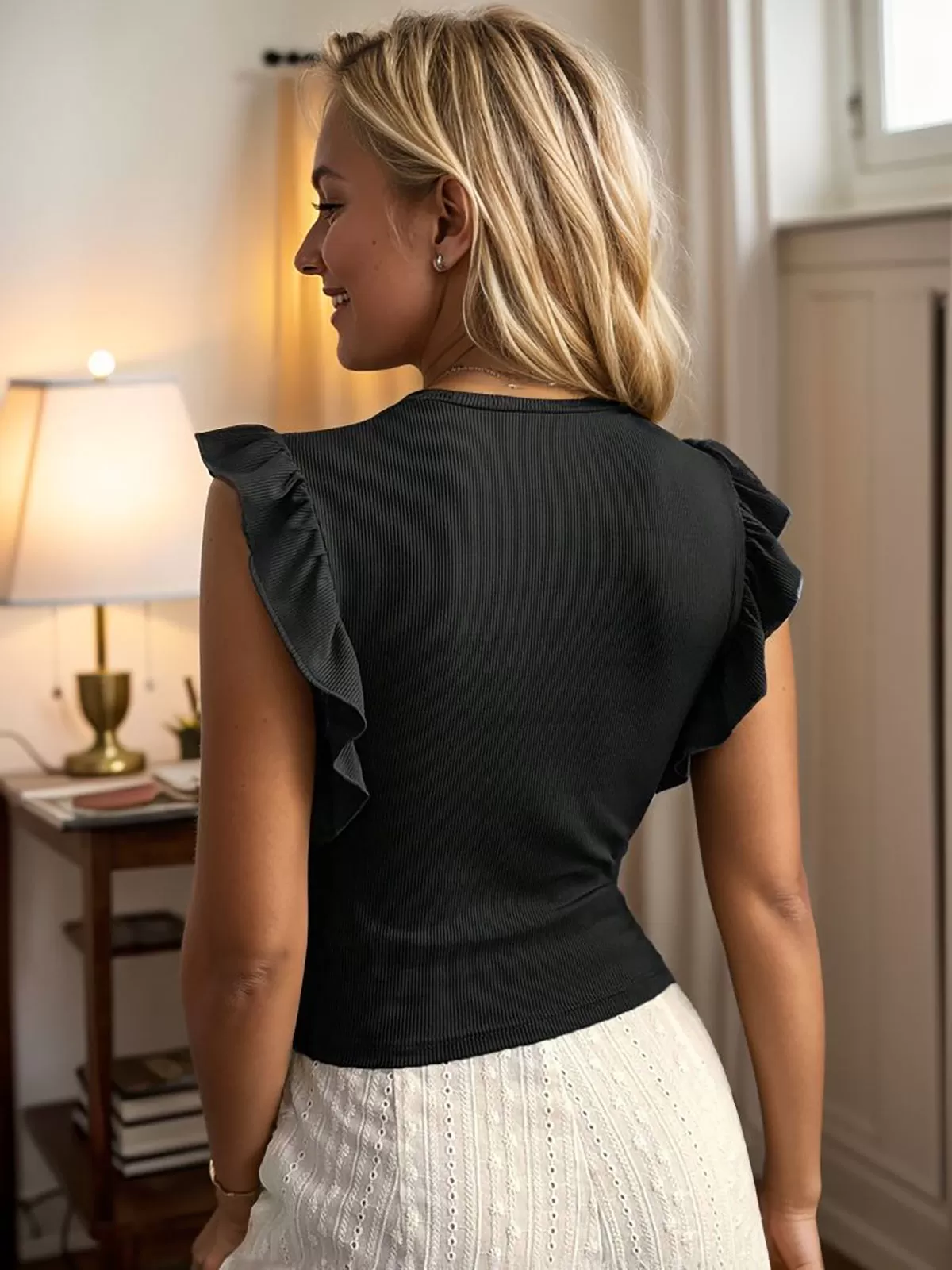 Solid Ruffles Round Neck Regular Tank, 2 of 5