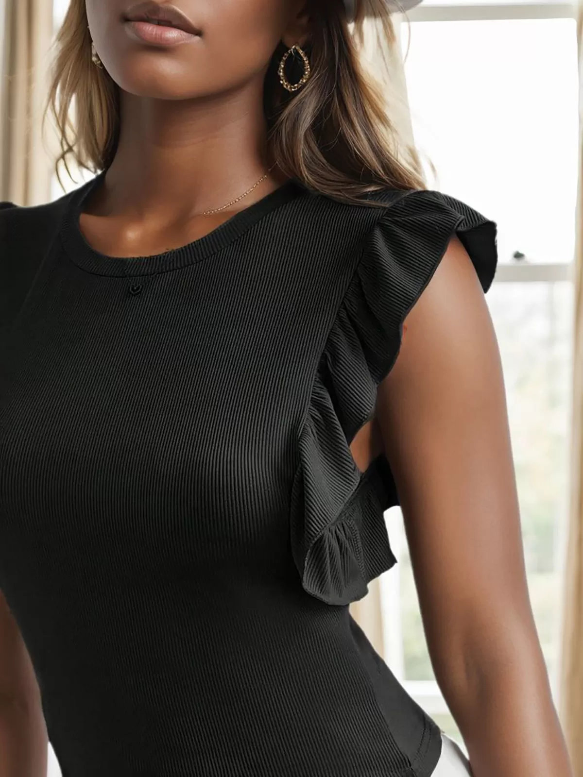 Solid Ruffles Round Neck Regular Tank, 3 of 5