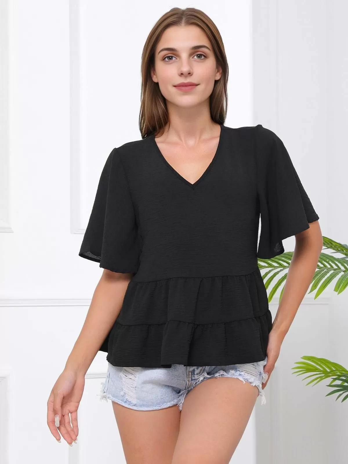 Solid Ruffles V-neck Regular Blouse, 3 of 5