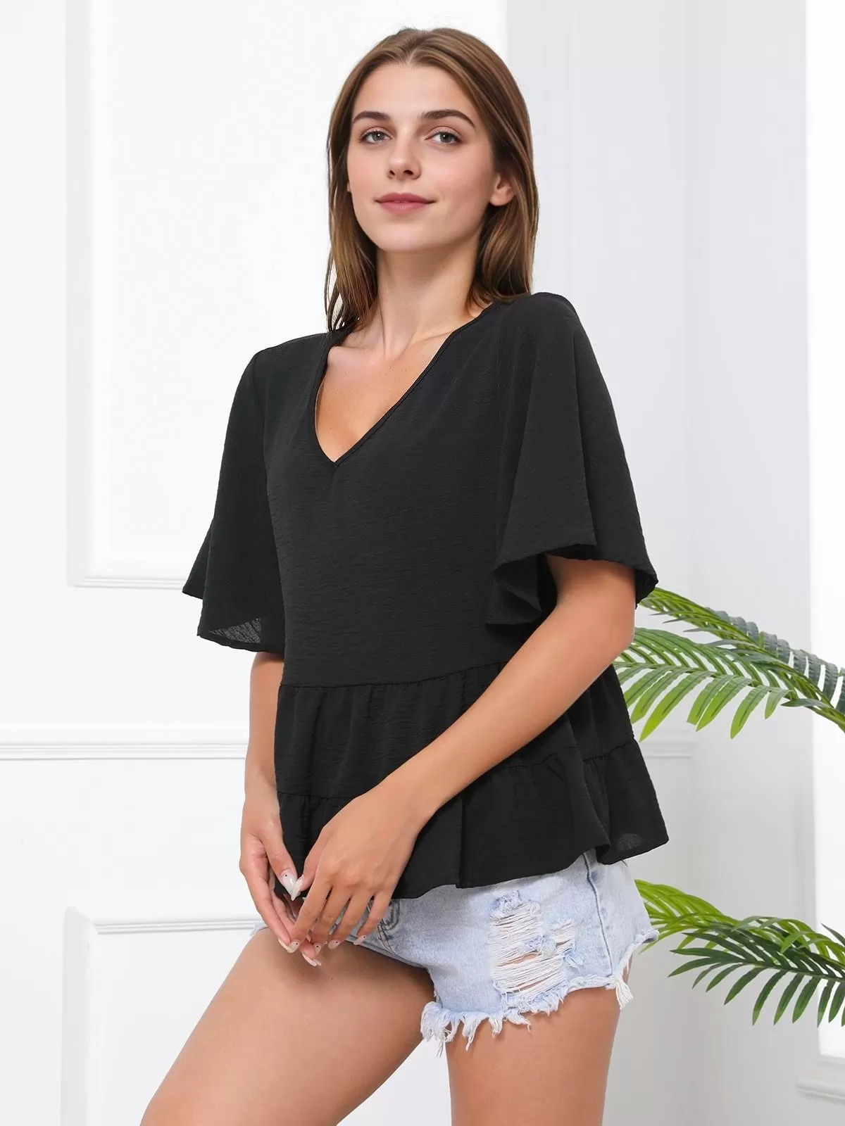 Solid Ruffles V-neck Regular Blouse, 4 of 5