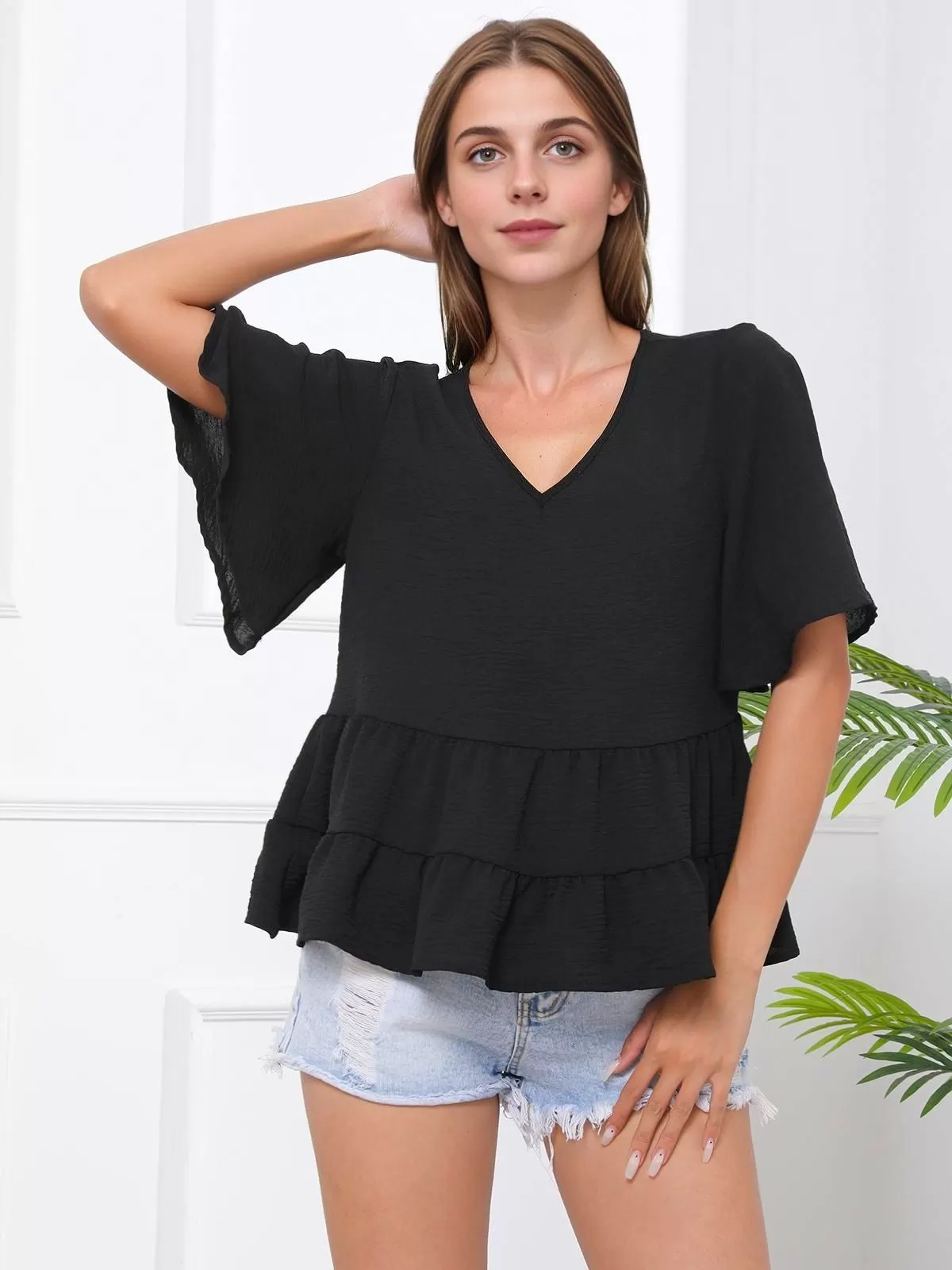 Solid Ruffles V-neck Regular Blouse, 5 of 5