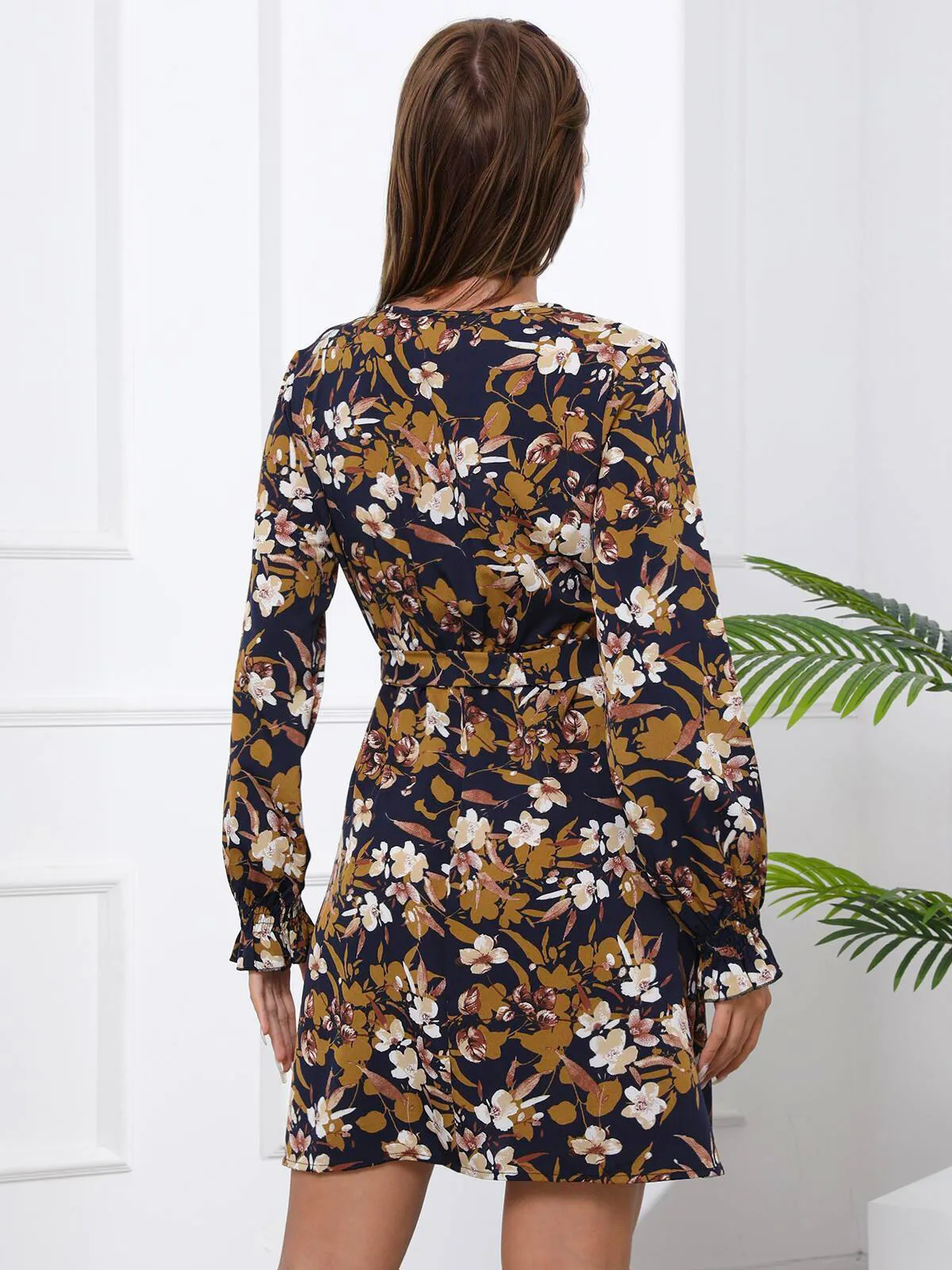 Floral Surplice Neck Lantern Long Sleeve Short A-line Dress, 2 of 5
