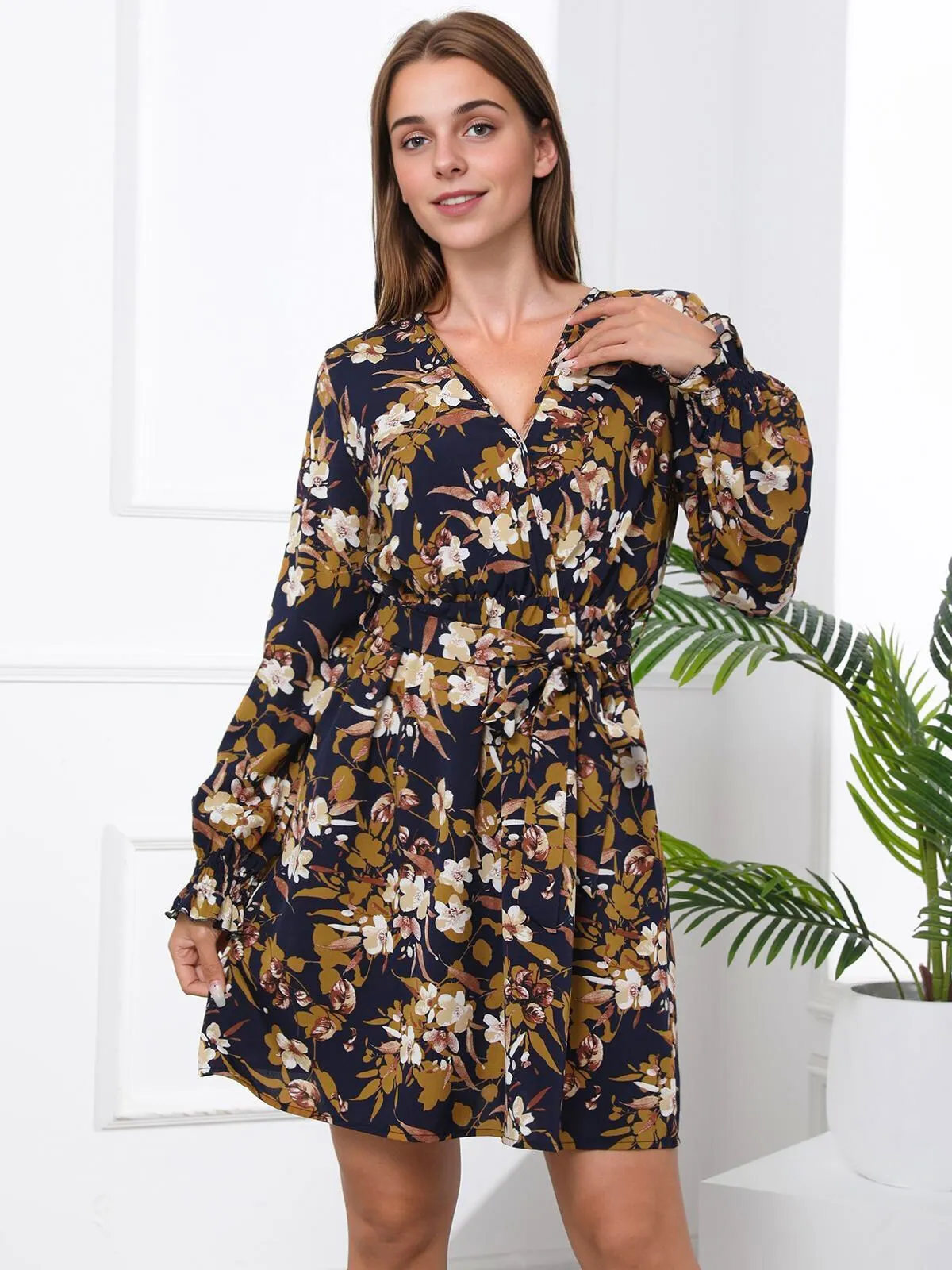 Floral Surplice Neck Lantern Long Sleeve Short A-line Dress, 3 of 5