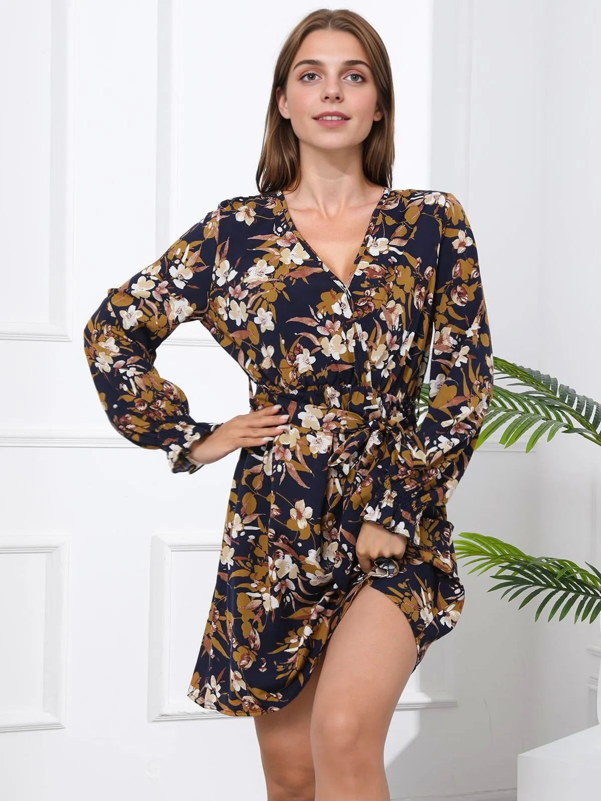 Floral Surplice Neck Lantern Long Sleeve Short A-line Dress, 4 of 5