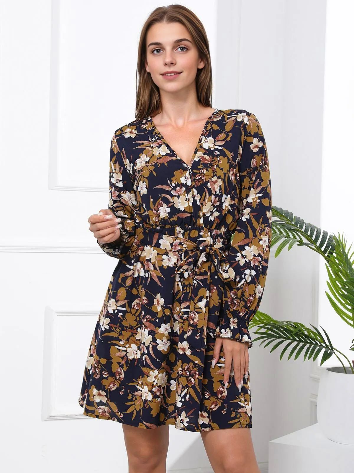 Floral Surplice Neck Lantern Long Sleeve Short A-line Dress, 5 of 5