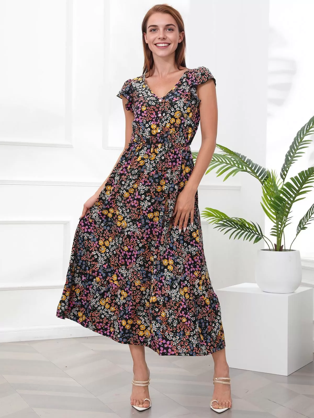 Ditsy Floral V-neck Cap Umbrella Dress, 3 of 5