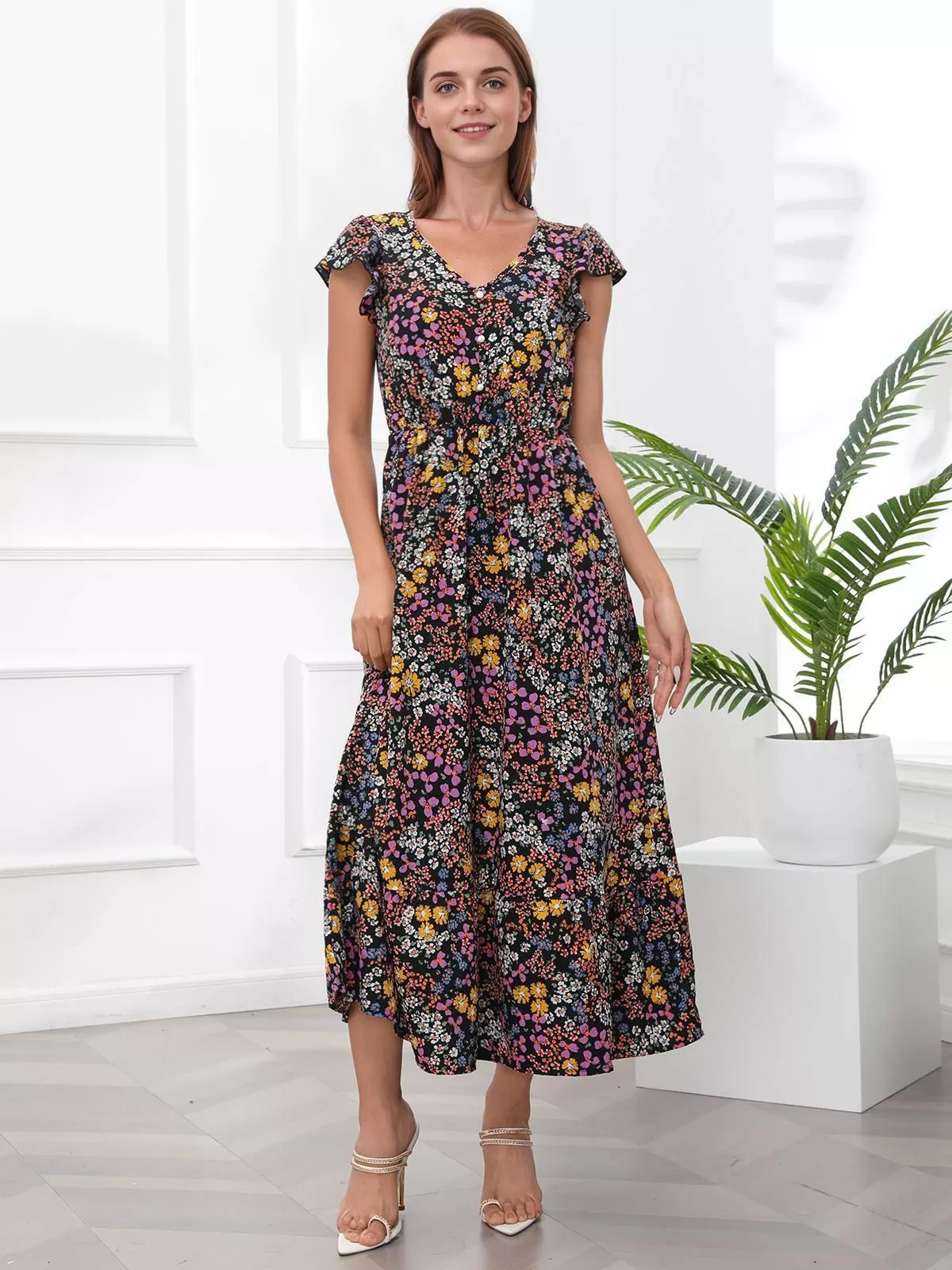 Ditsy Floral V-neck Cap Umbrella Dress, 4 of 5