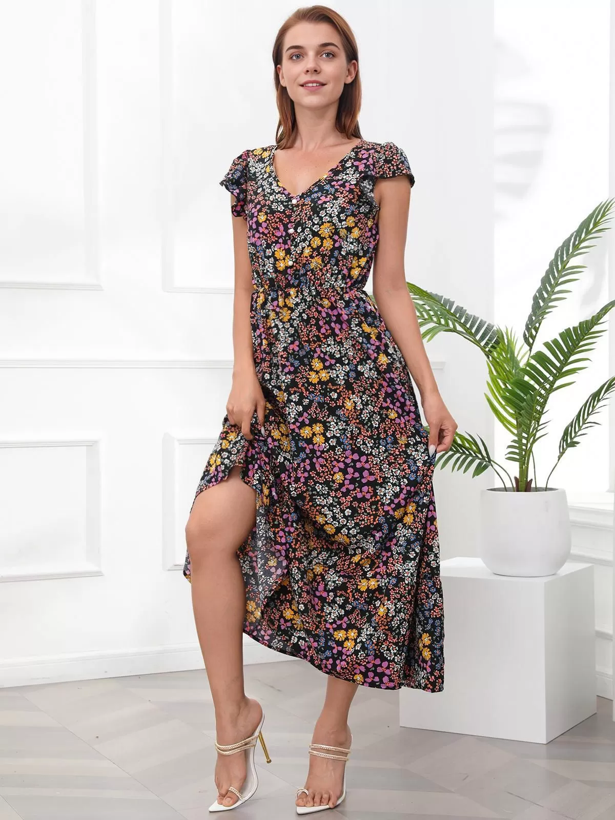 Ditsy Floral V-neck Cap Umbrella Dress, 5 of 5