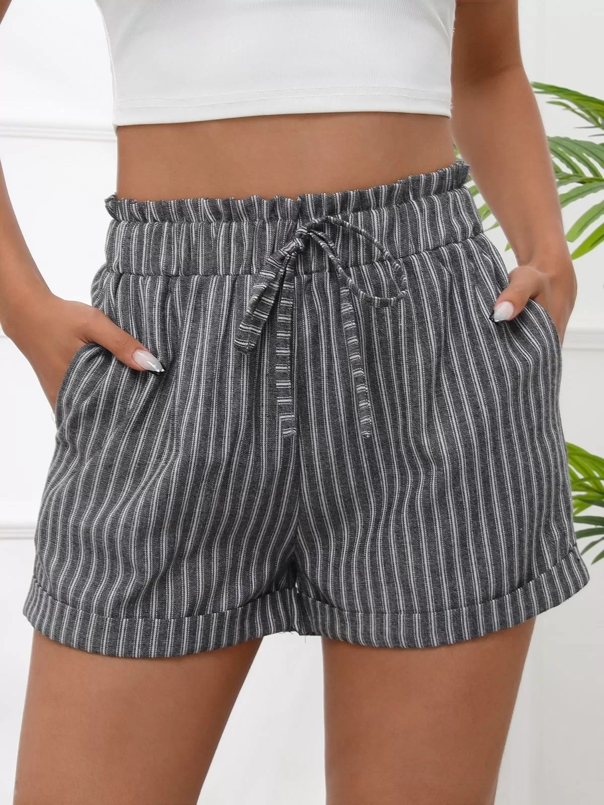 Striped Lace-up High Rise Shorts, 4 of 5
