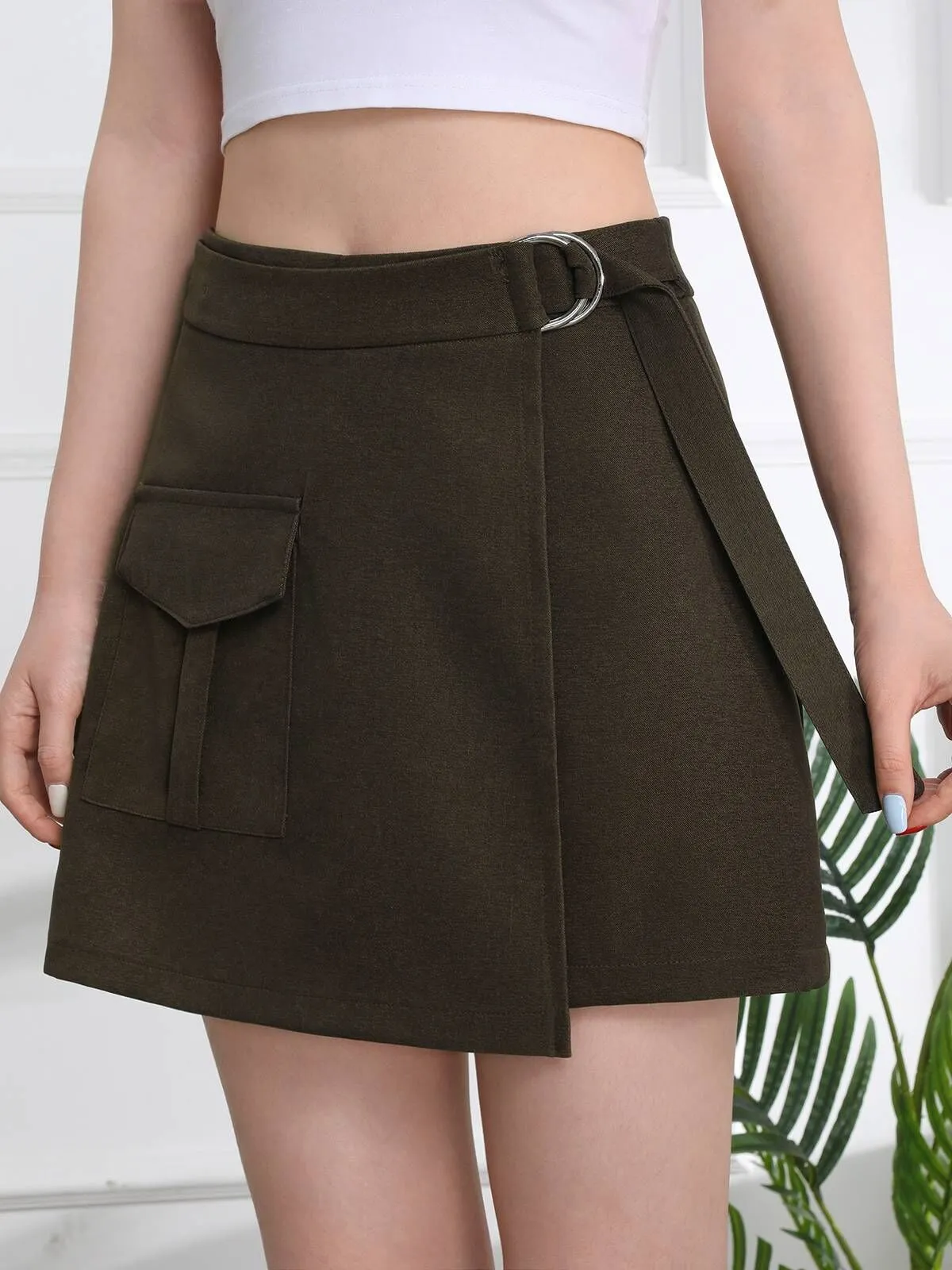 Solid Pocket Medium Rise Drawstring Waist Skirts, 5 of 5