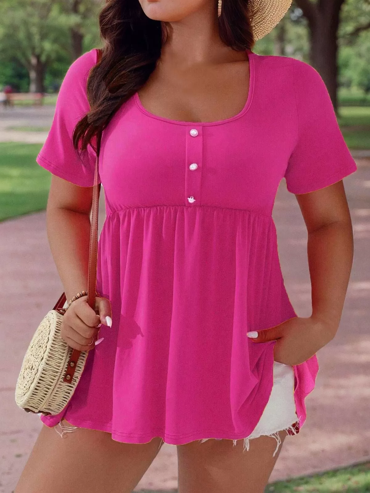 Plus Size Solid Button Square Neck T-shirt, 4 of 4