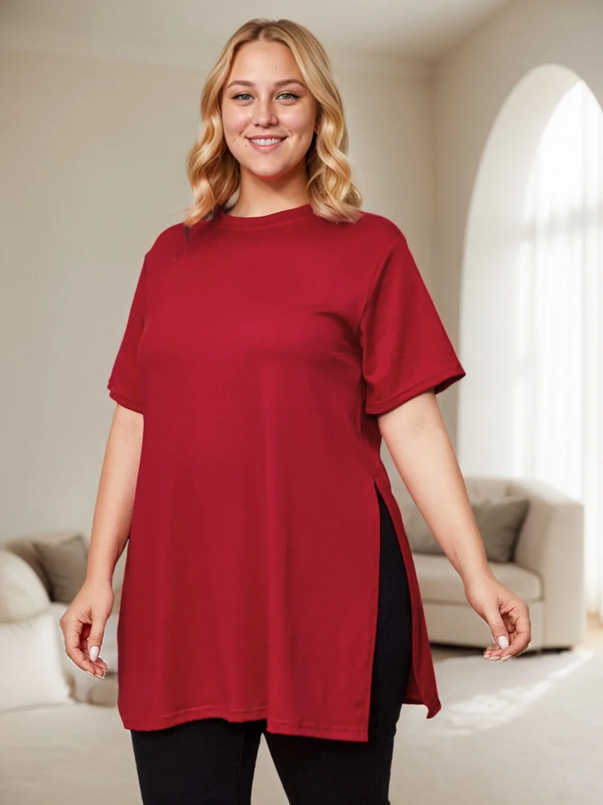 Plus Size Solid Round Neck Regular T-shirt, 3 of 6