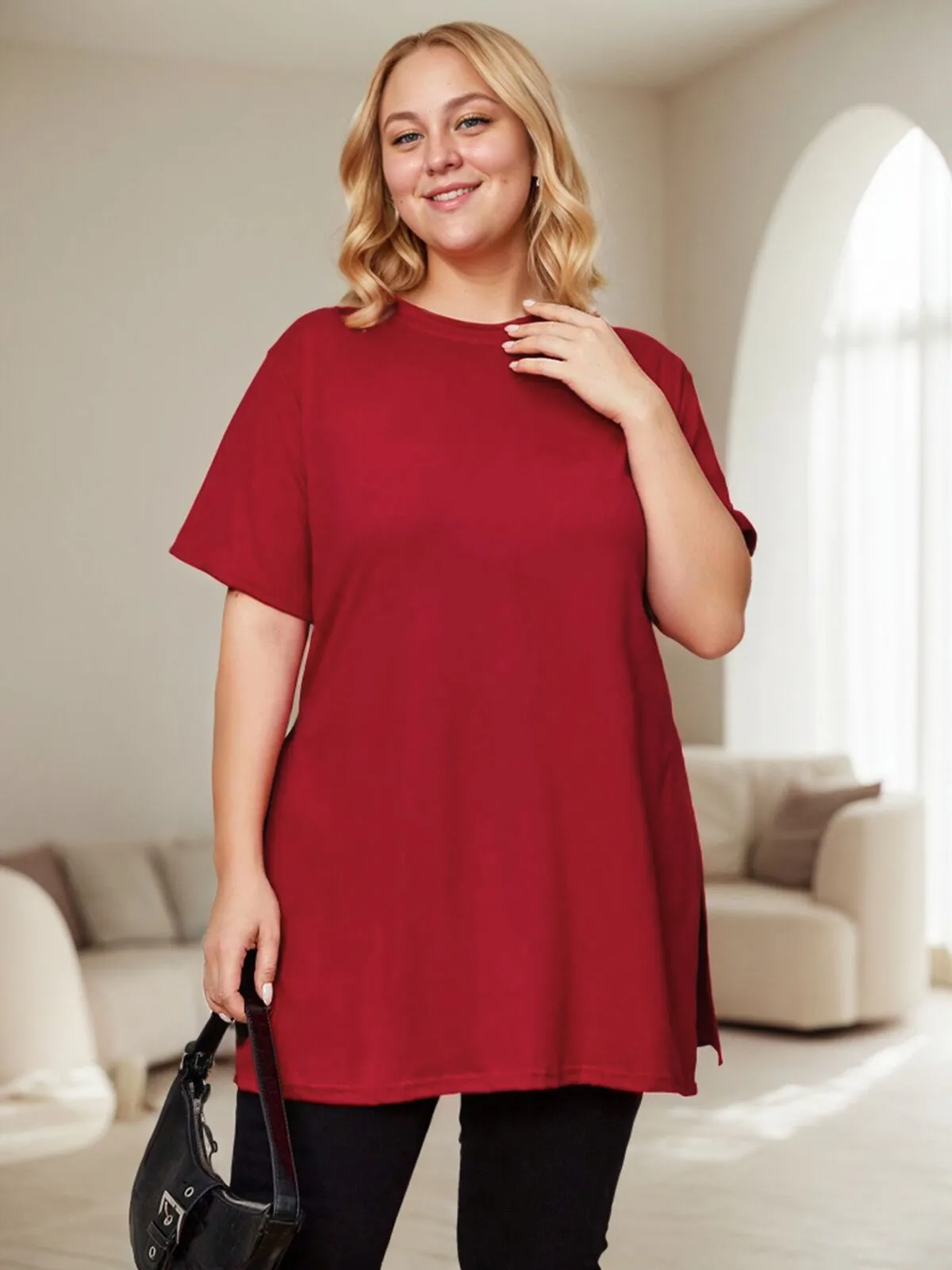 Plus Size Solid Round Neck Regular T-shirt, 4 of 6