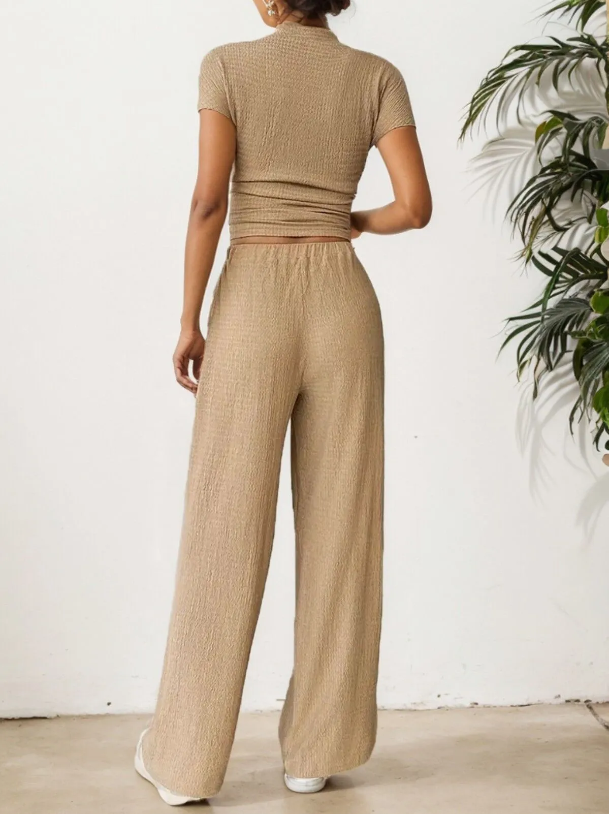 Solid Flounce Sleeve High Neck Mock Wrinkle T-shirt & Solid Straight Leg Pants, 2 of 6