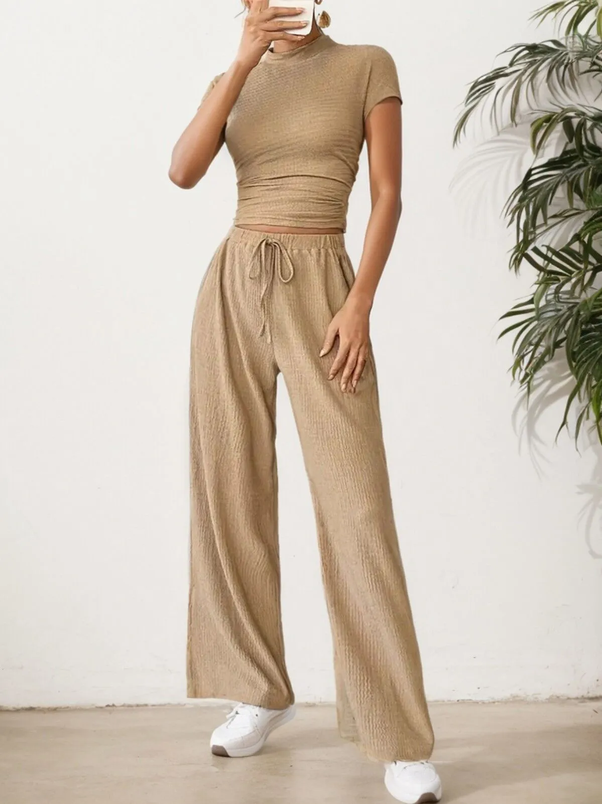 Solid Flounce Sleeve High Neck Mock Wrinkle T-shirt & Solid Straight Leg Pants, 4 of 6