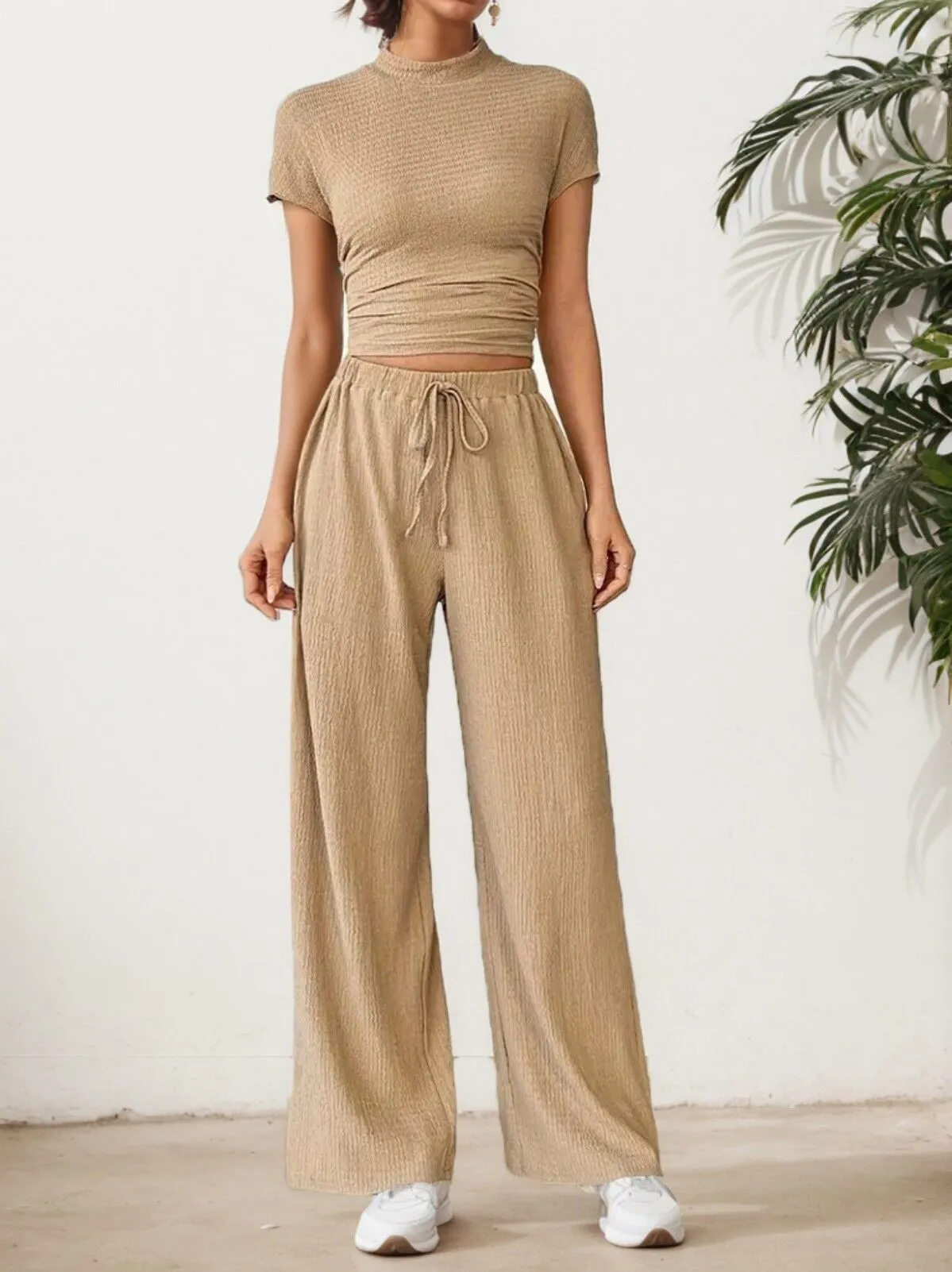 Solid Flounce Sleeve High Neck Mock Wrinkle T-shirt & Solid Straight Leg Pants, 5 of 6