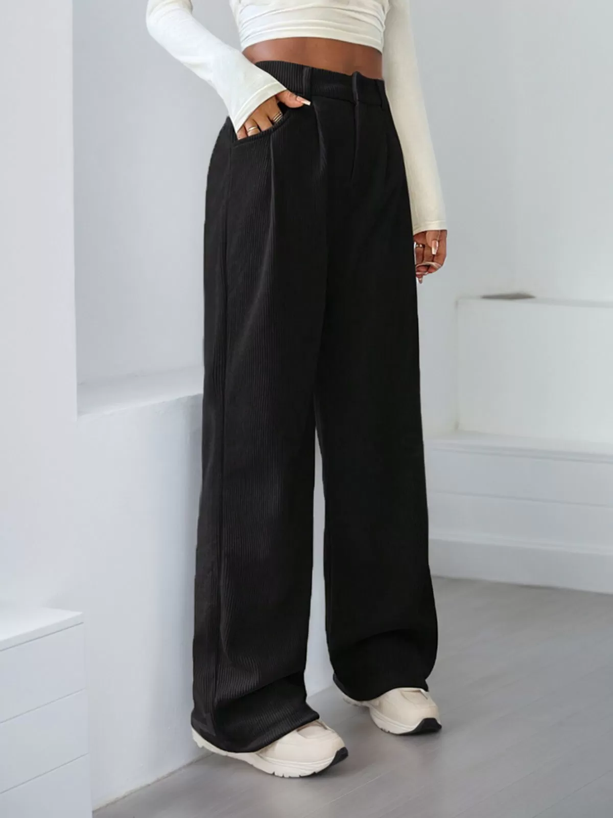 Solid Button High Rise Zipper Fly Pants, 3 of 5