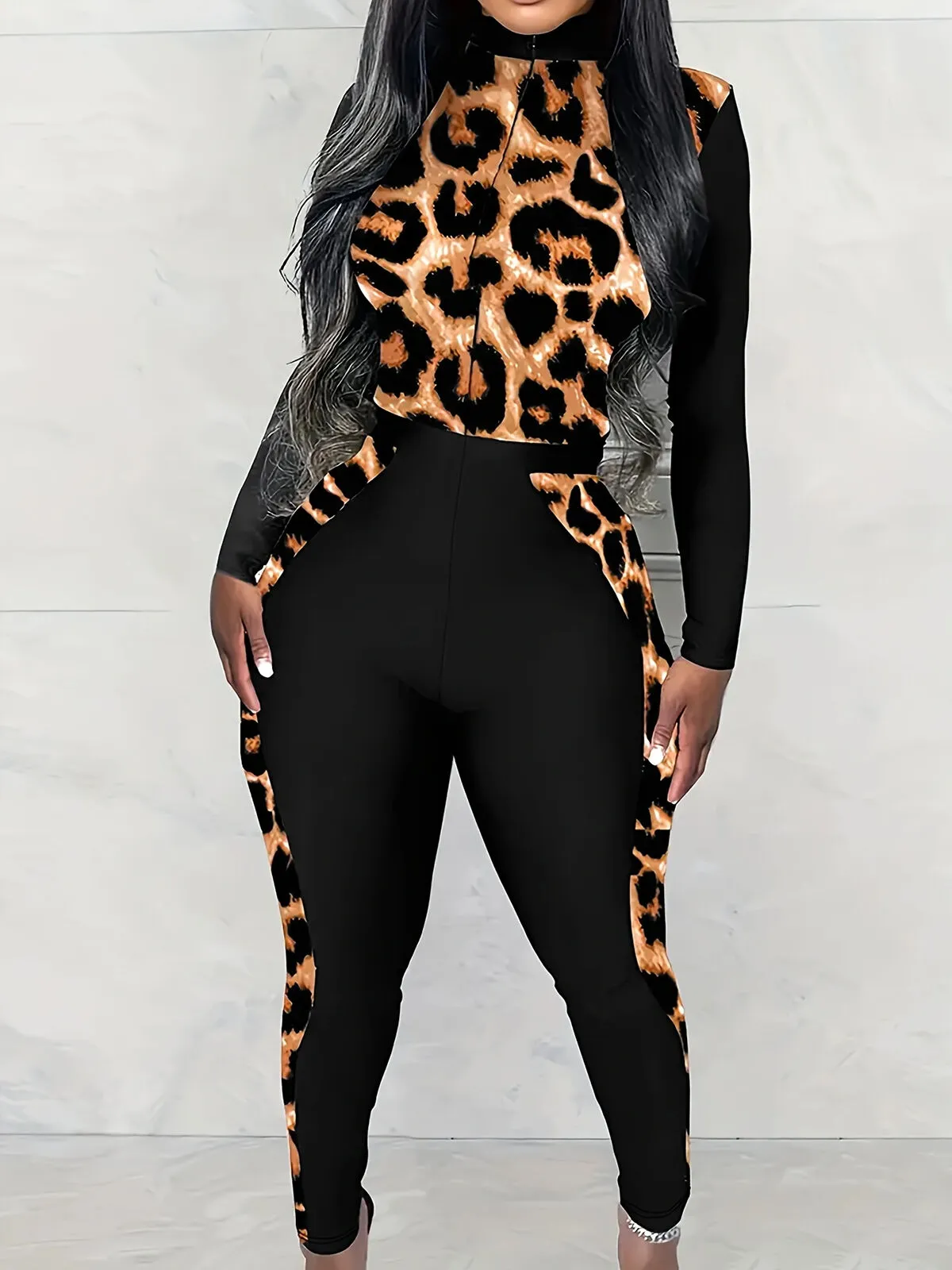 Leopard V-neck High Rise Regular Long Sleeves Jumpsuit, 3 of 6