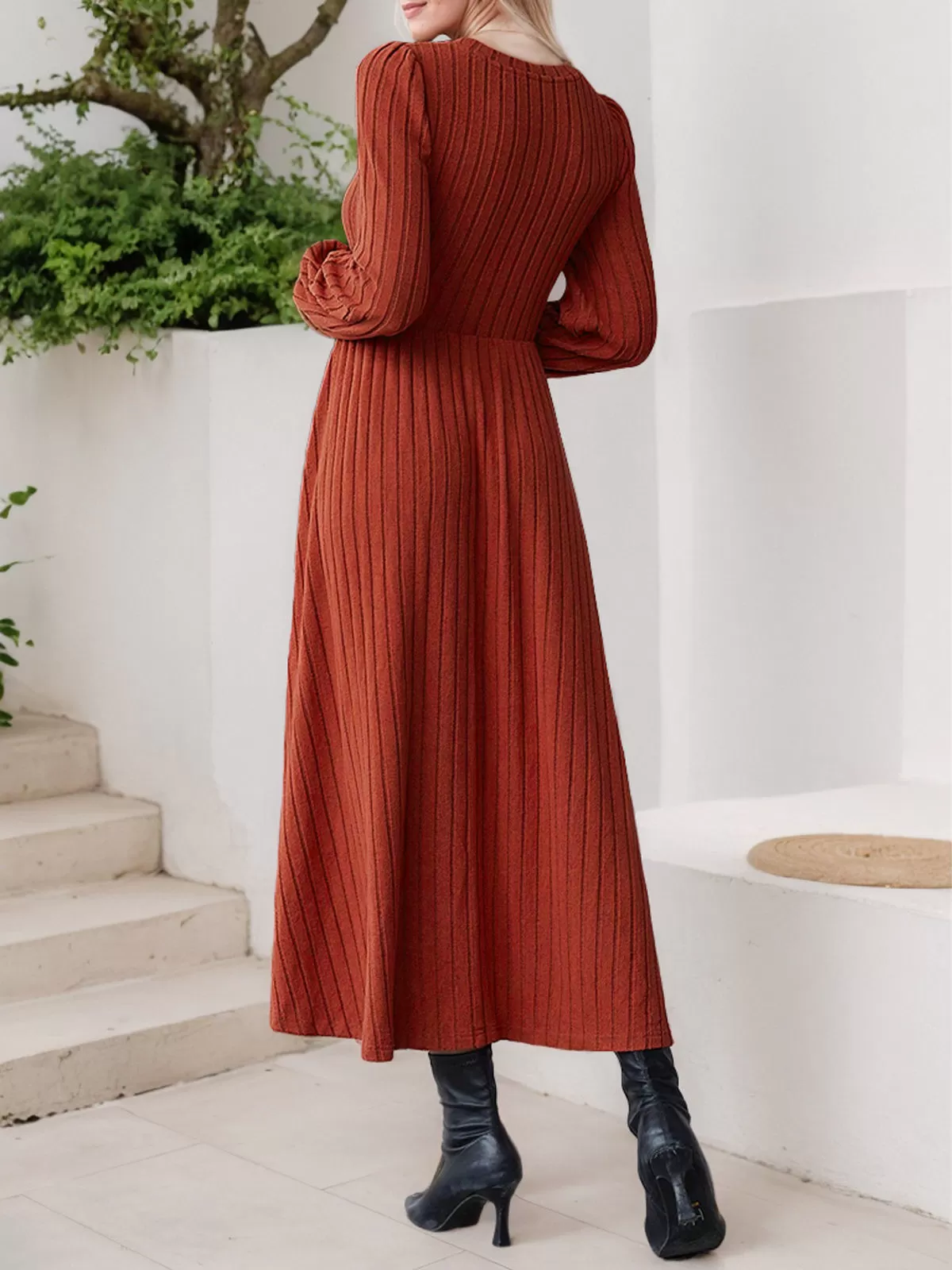 Solid Round Neck Puff Skater Dress, 2 of 6