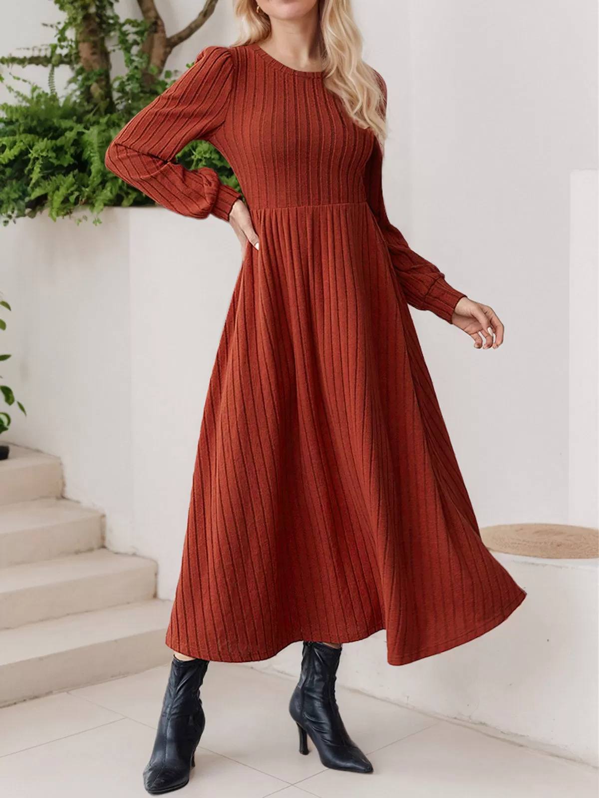 Solid Round Neck Puff Skater Dress, 3 of 6