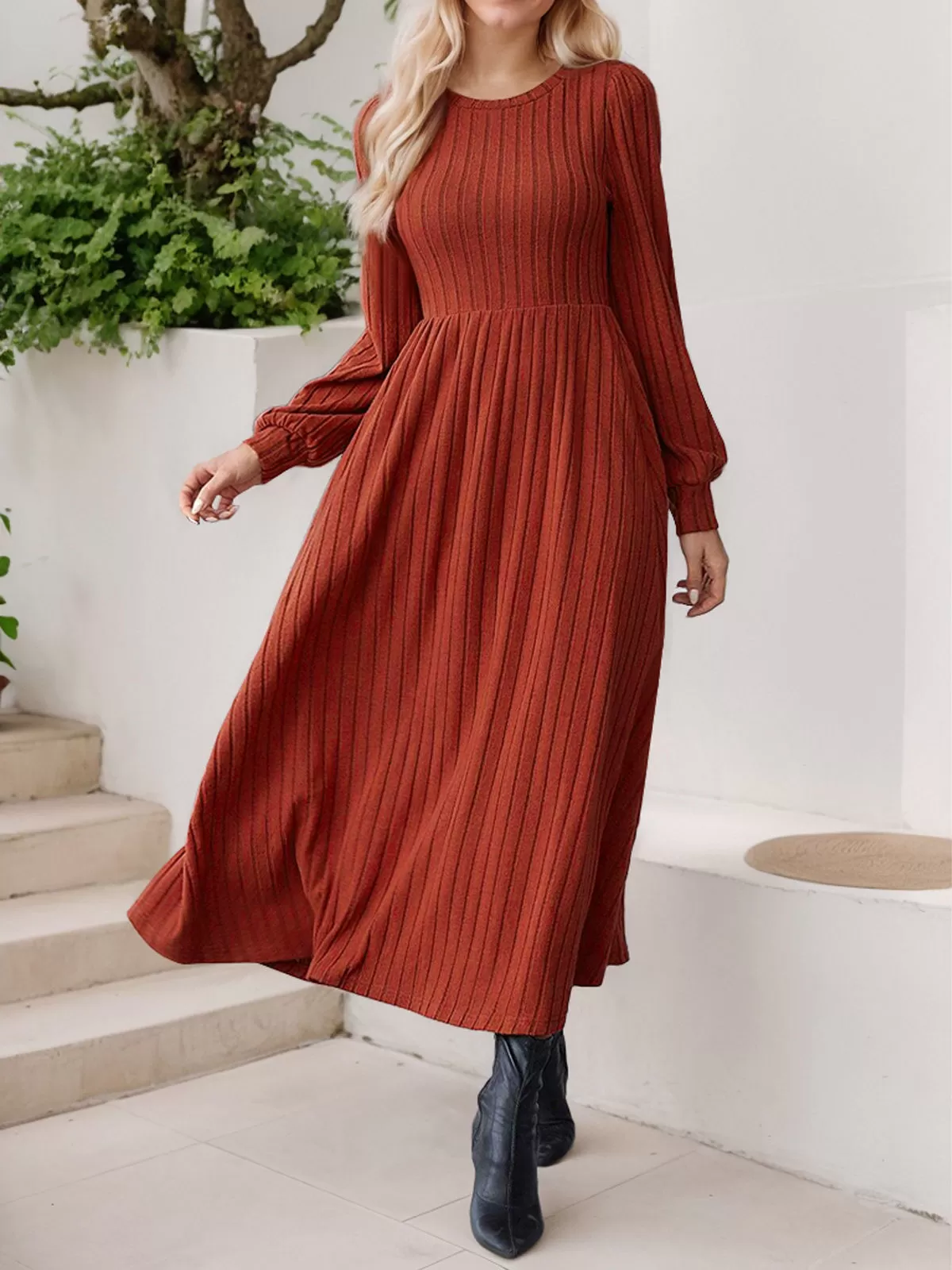 Solid Round Neck Puff Skater Dress, 4 of 6