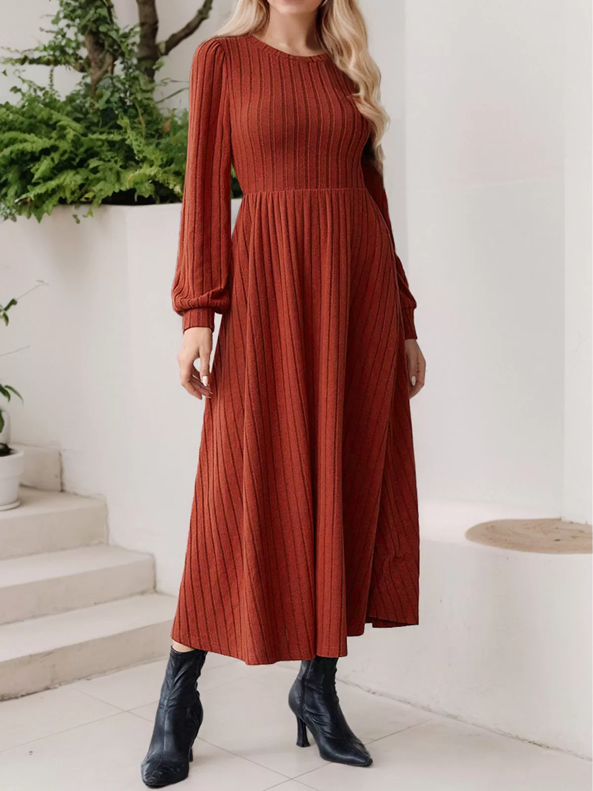 Solid Round Neck Puff Skater Dress, 5 of 6