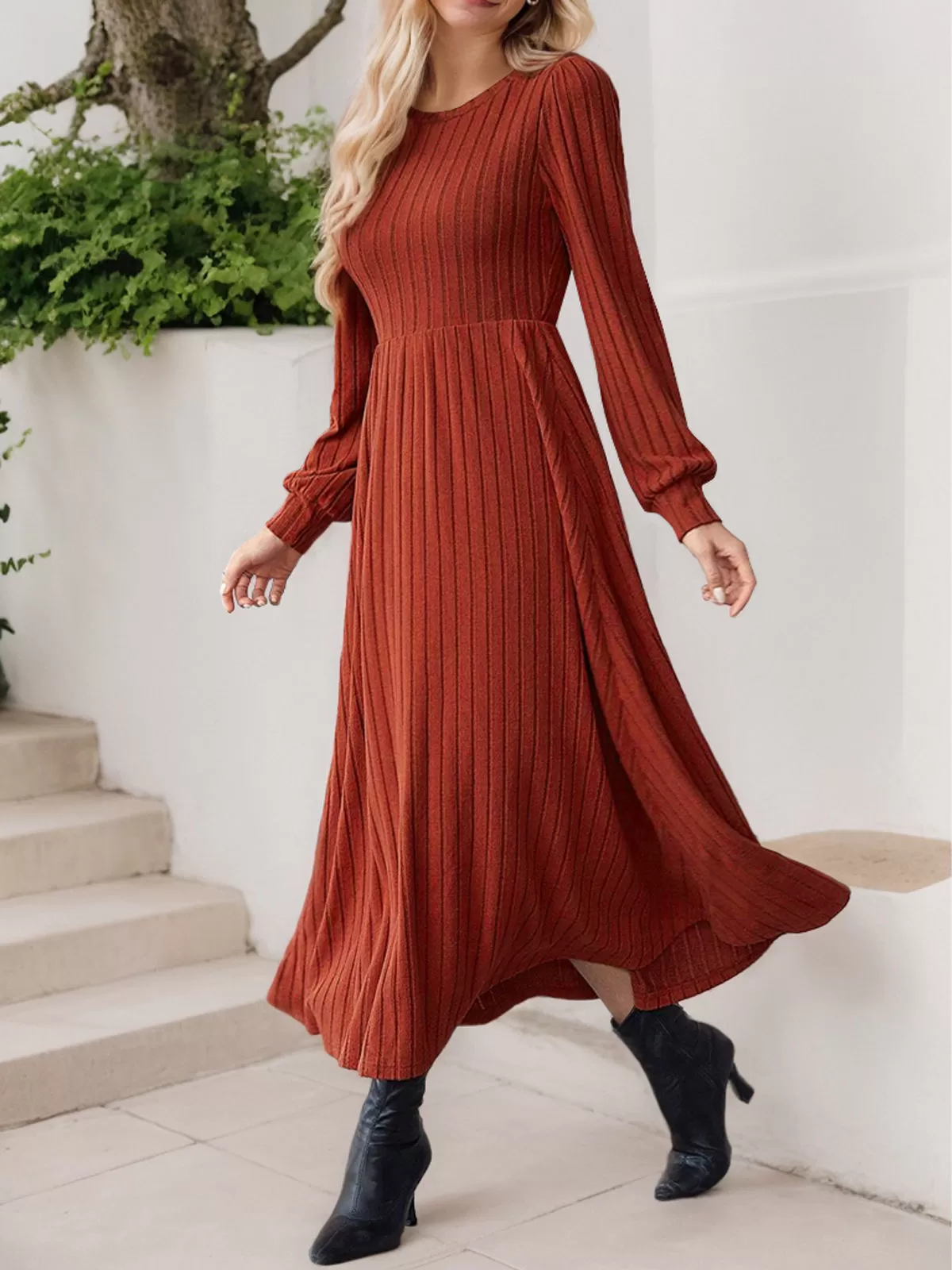 Solid Round Neck Puff Skater Dress, 6 of 6