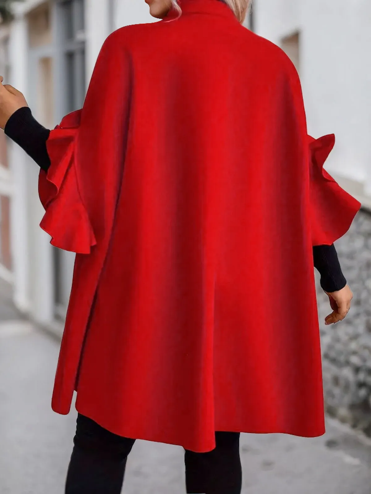 Plus Size Solid Ruffles Round Neck Flounce Sleeve Half Sleeve Trench Coat, 2 of 5