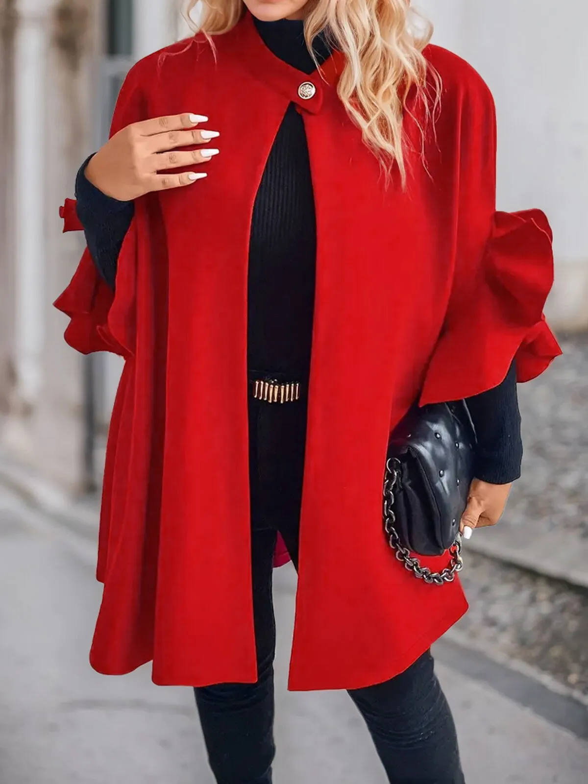 Plus Size Solid Ruffles Round Neck Flounce Sleeve Half Sleeve Trench Coat, 3 of 5