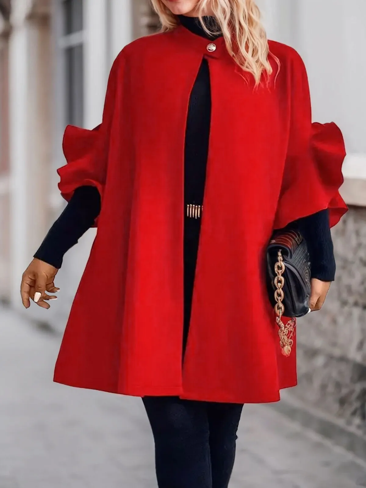 Plus Size Solid Ruffles Round Neck Flounce Sleeve Half Sleeve Trench Coat, 4 of 5