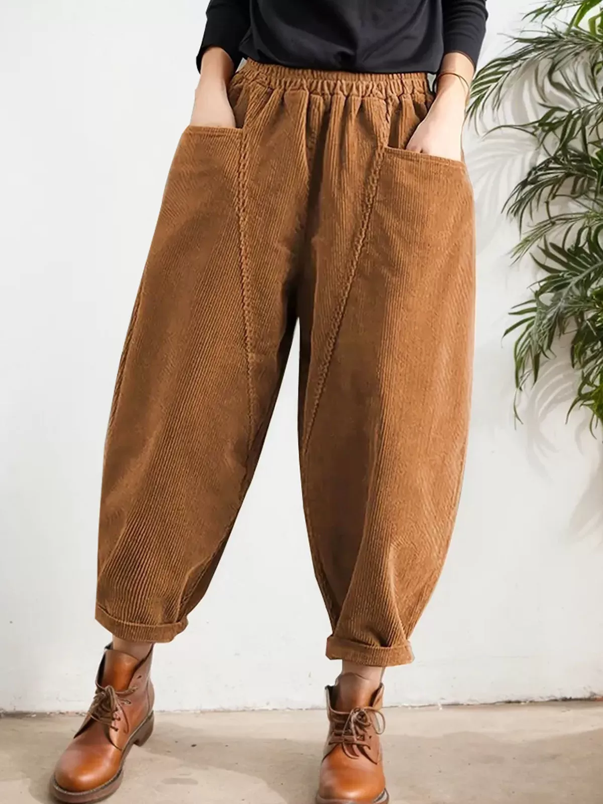 Plus Size Solid Pocket High Rise Elastic Waist Pants, 2 of 4