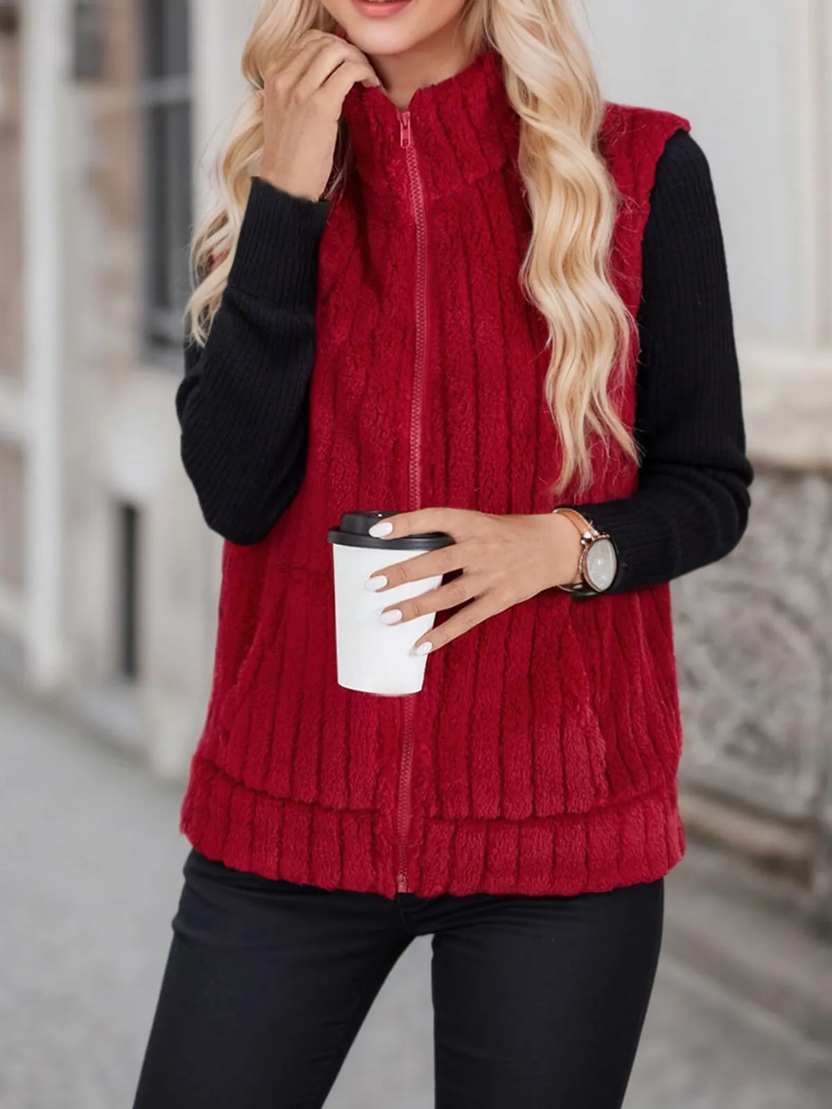 Solid High Neck Vest Coat, 5 of 6