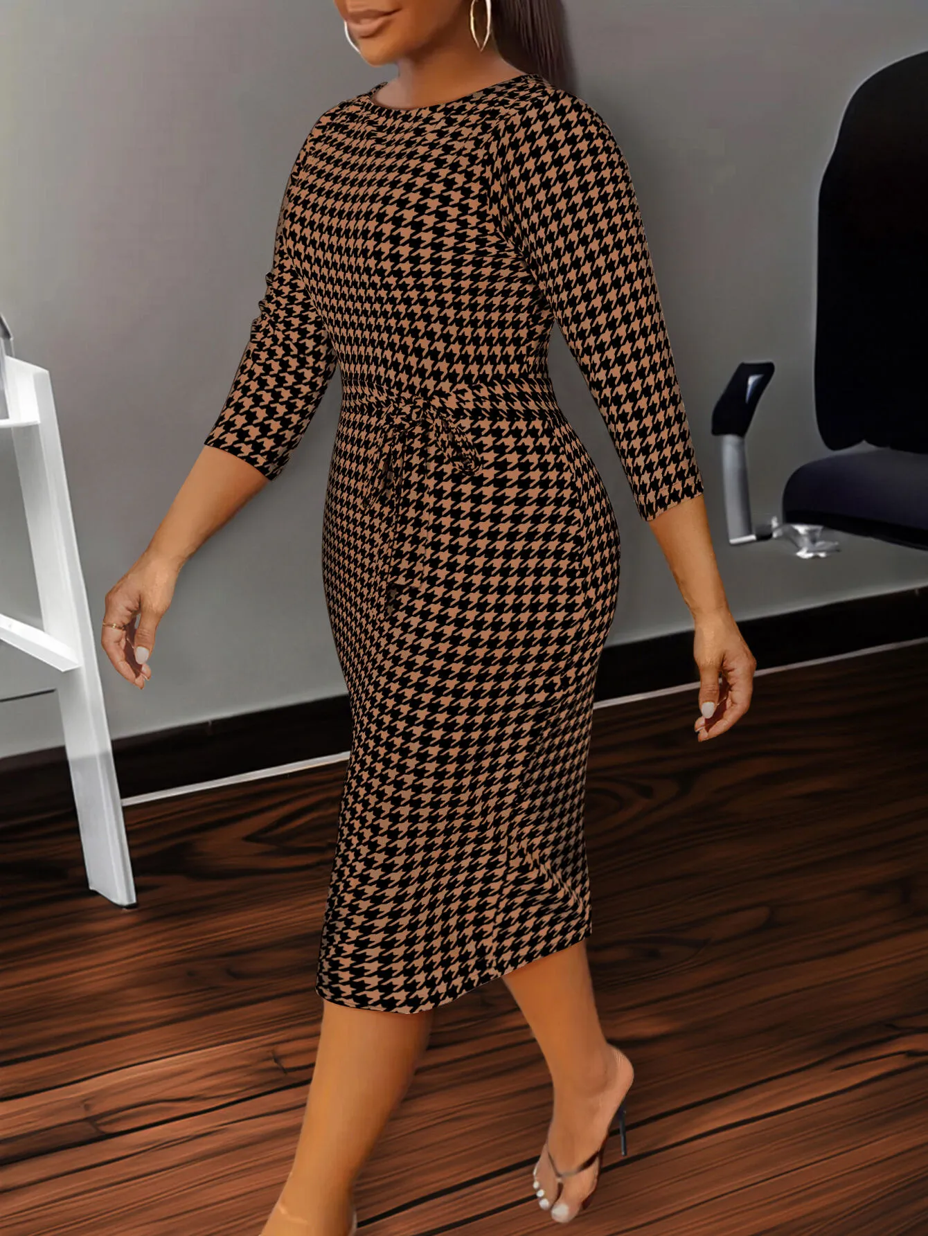 Plus Size All Over Print Bow Round Neck Wrap Dress, 3 of 8