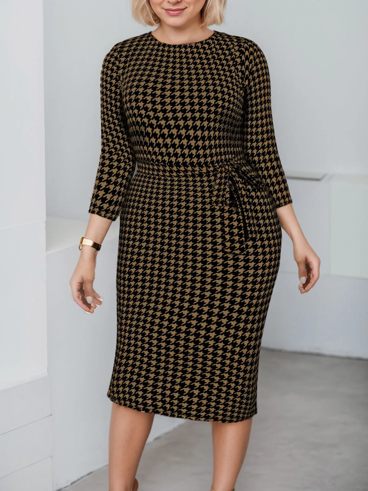 Plus Size All Over Print Bow Round Neck Wrap Dress, 5 of 8