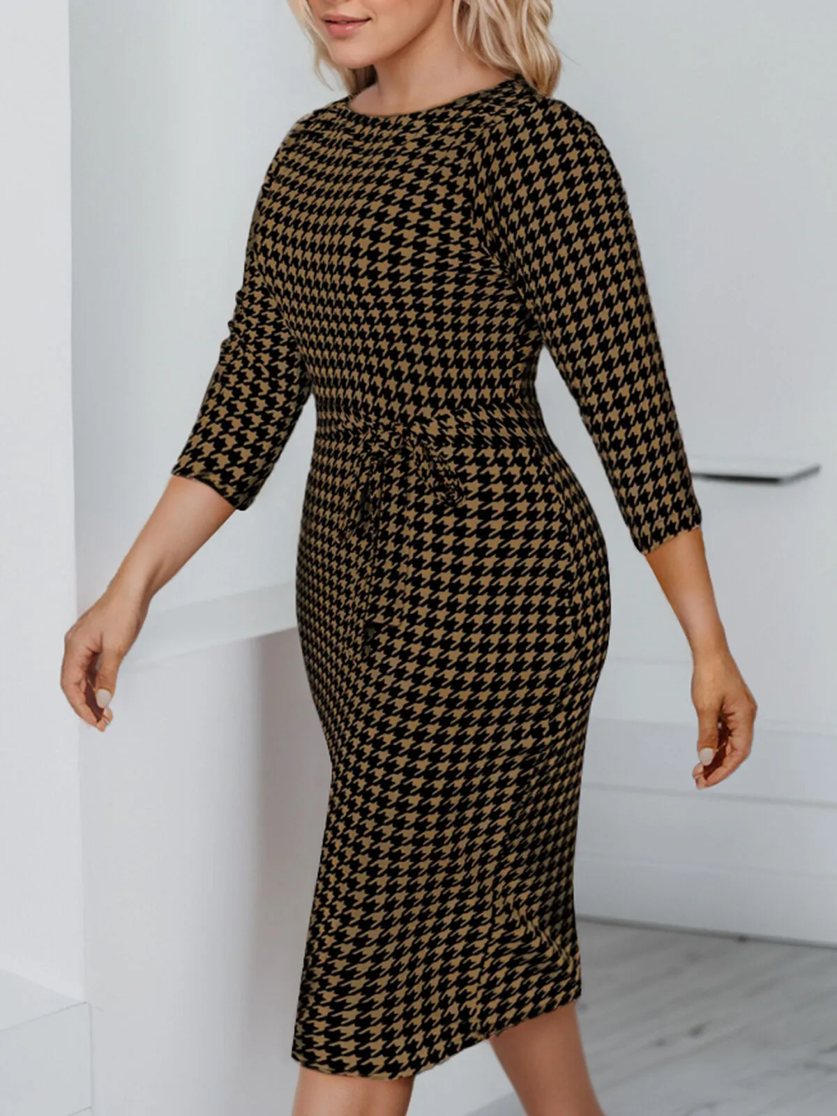 Plus Size All Over Print Bow Round Neck Wrap Dress, 7 of 8