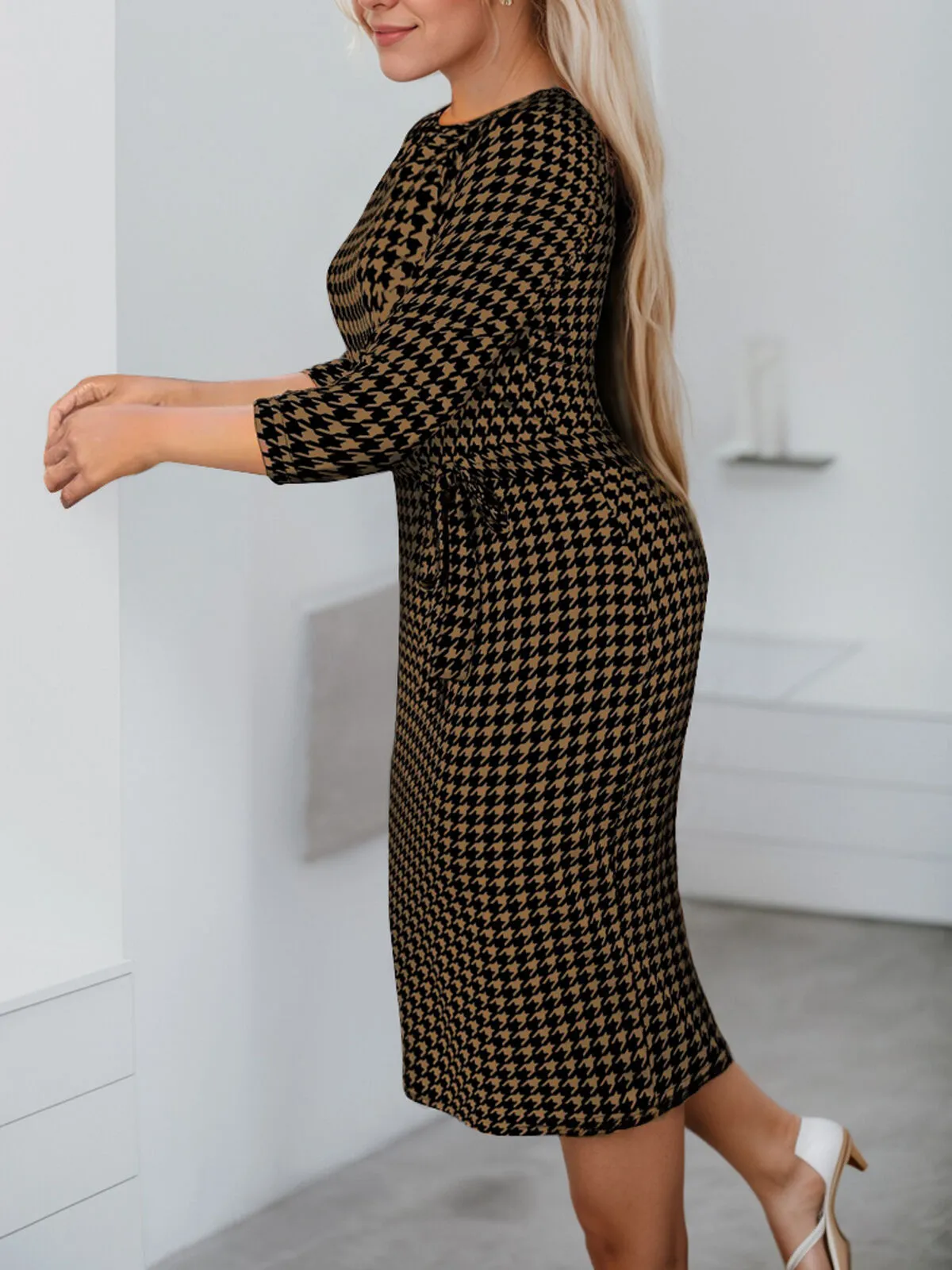 Plus Size All Over Print Bow Round Neck Wrap Dress, 8 of 8