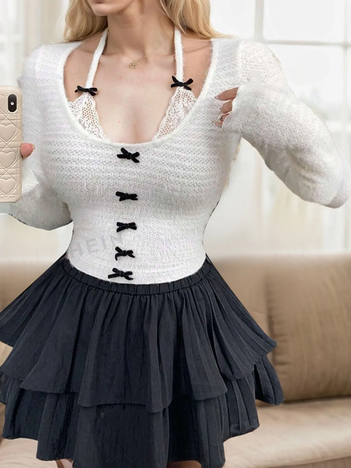 Solid Bow Halter Ballet Style 2 In 1 With Bow Decor Fitted T-Shirt, 4 of 7