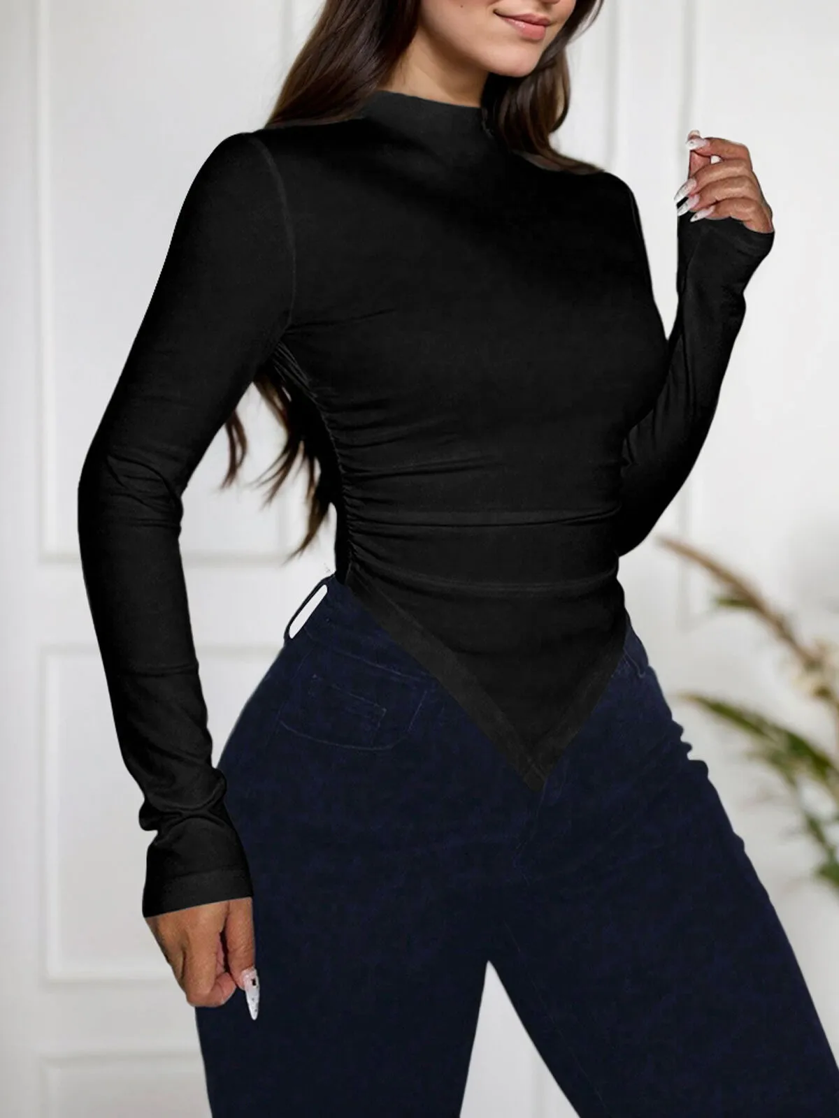 Solid Wrinkle High Neck Mock Regular Top, 3 of 4