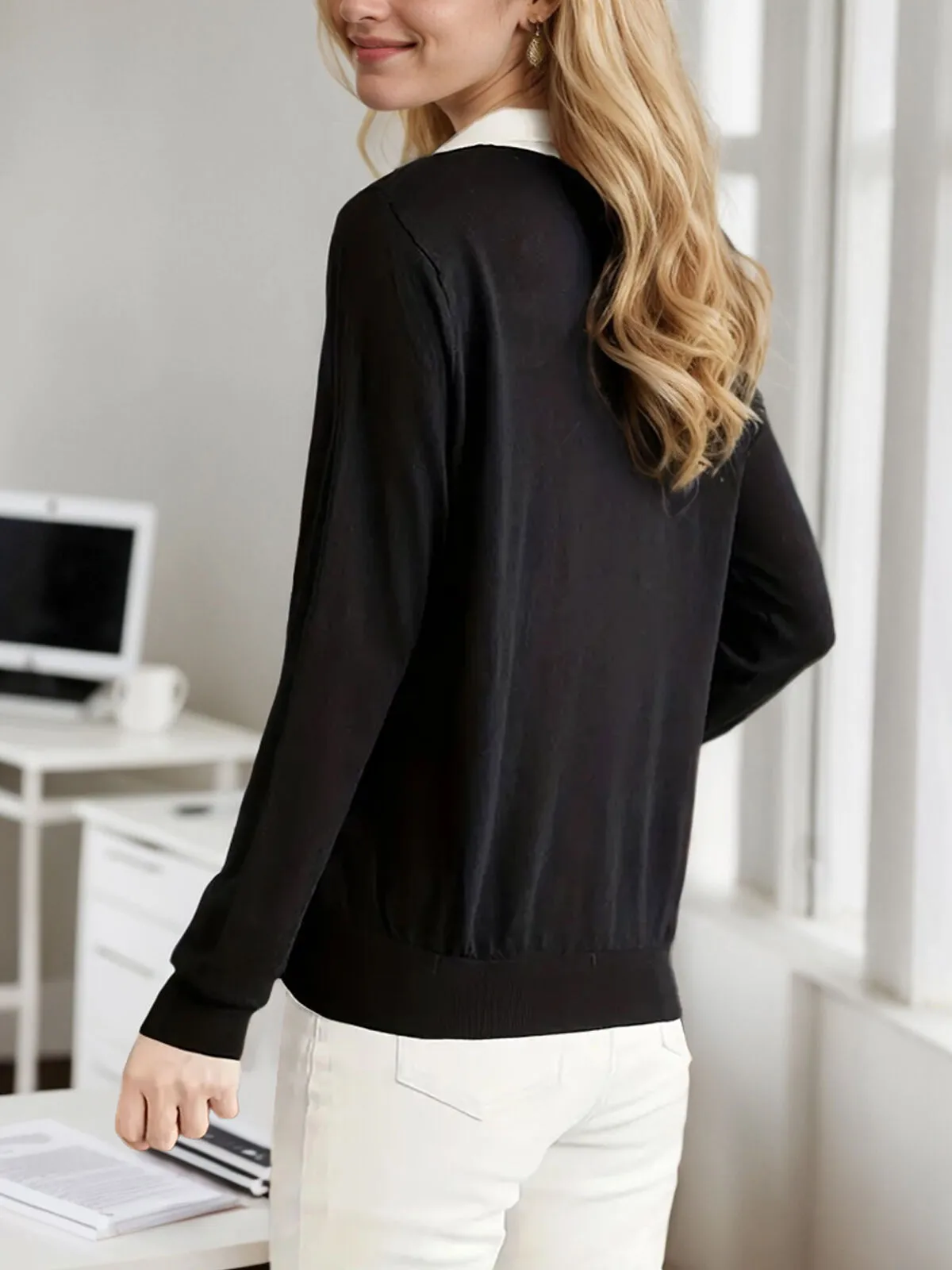 Colorblock Patchwork Lapel Knitted Regular Sweater, 2 of 4