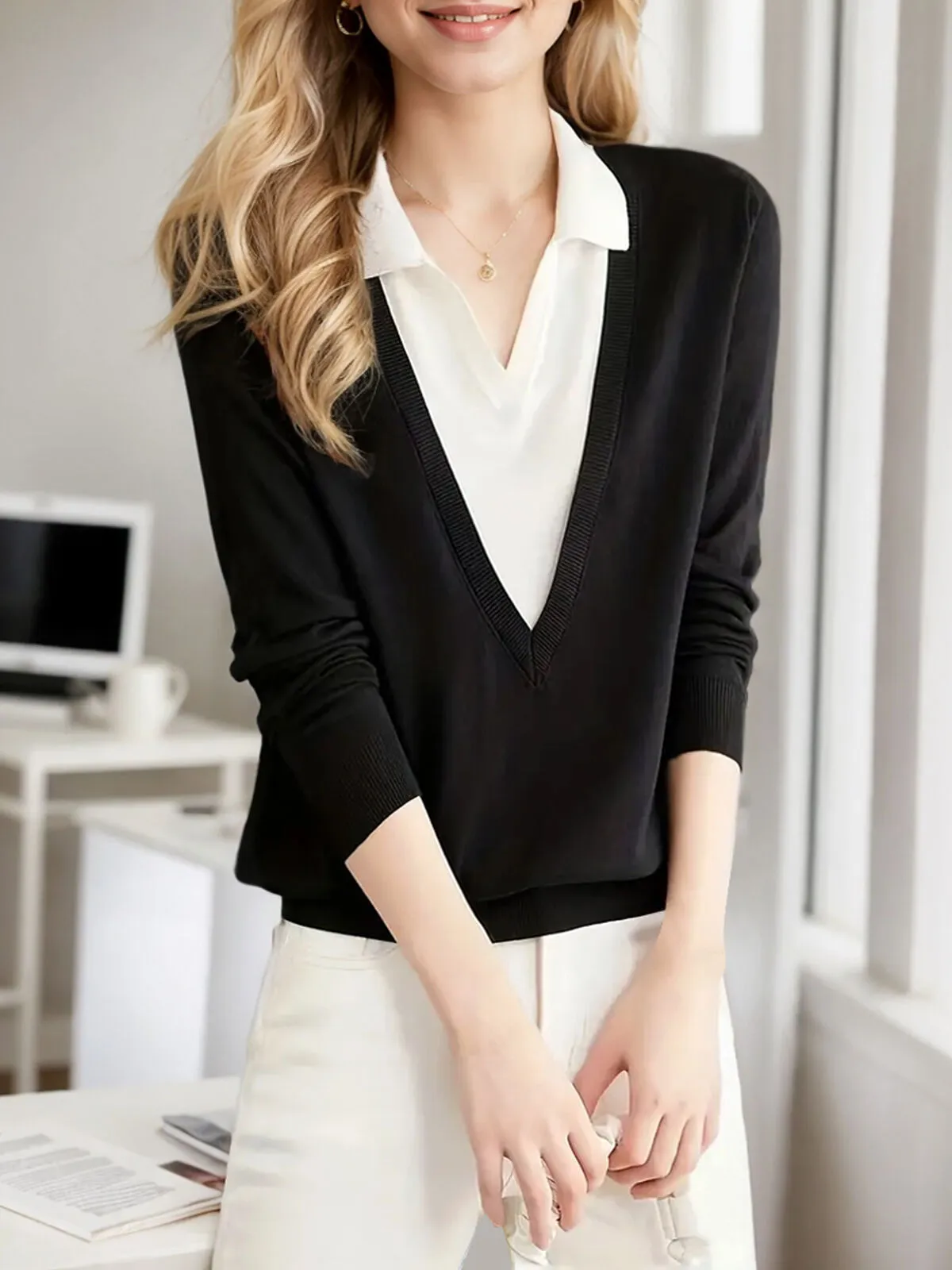 Colorblock Patchwork Lapel Knitted Regular Sweater, 4 of 4