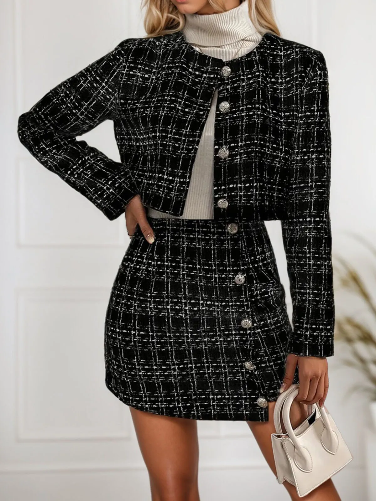 Gingham Plaid Regular Long Sleeve Button Outwear & Gingham Plaid Pencil Skirt, 3 of 6