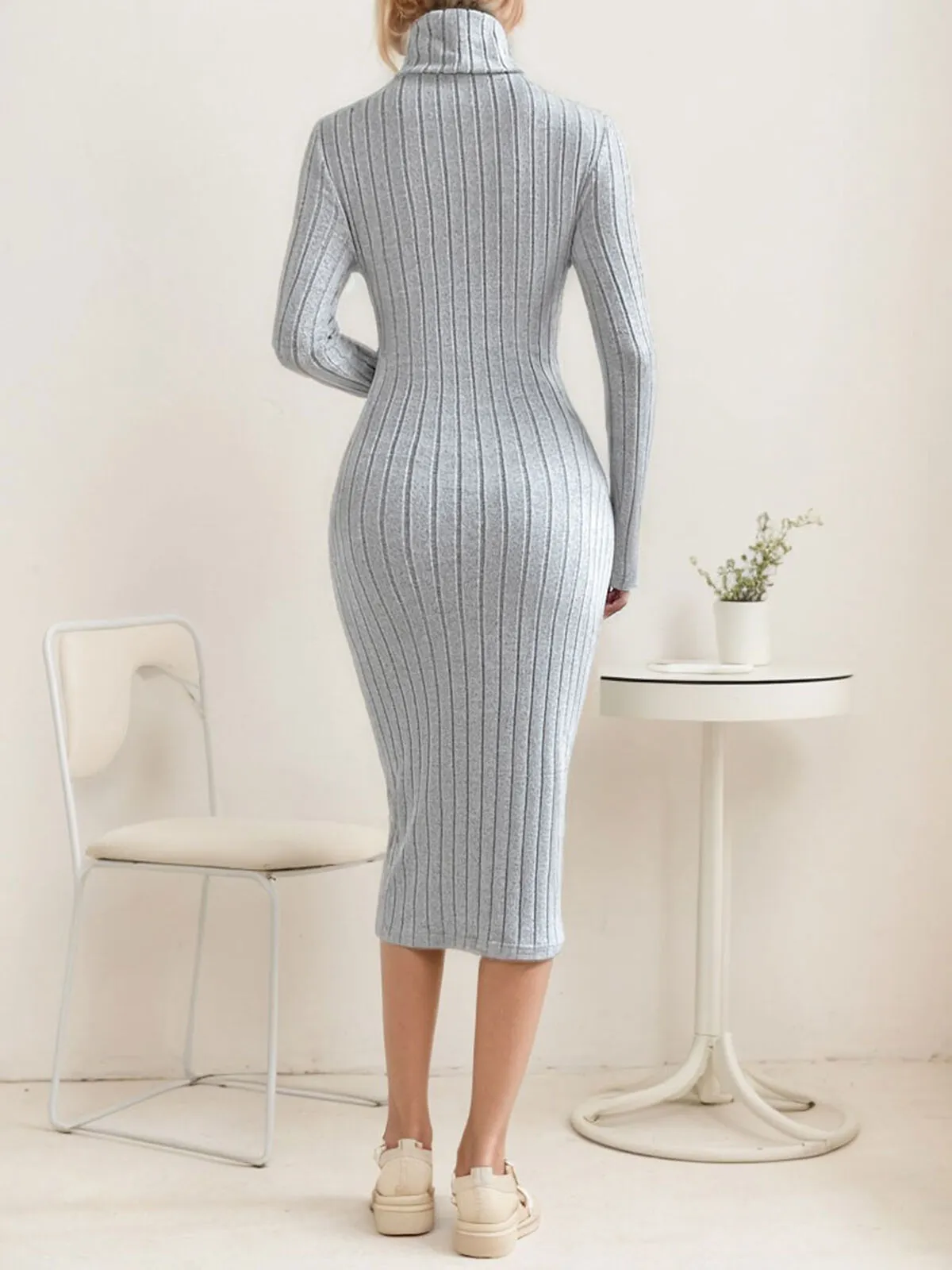 Solid High Neck Regular Sleeve Bodycon Dress, 3 of 5