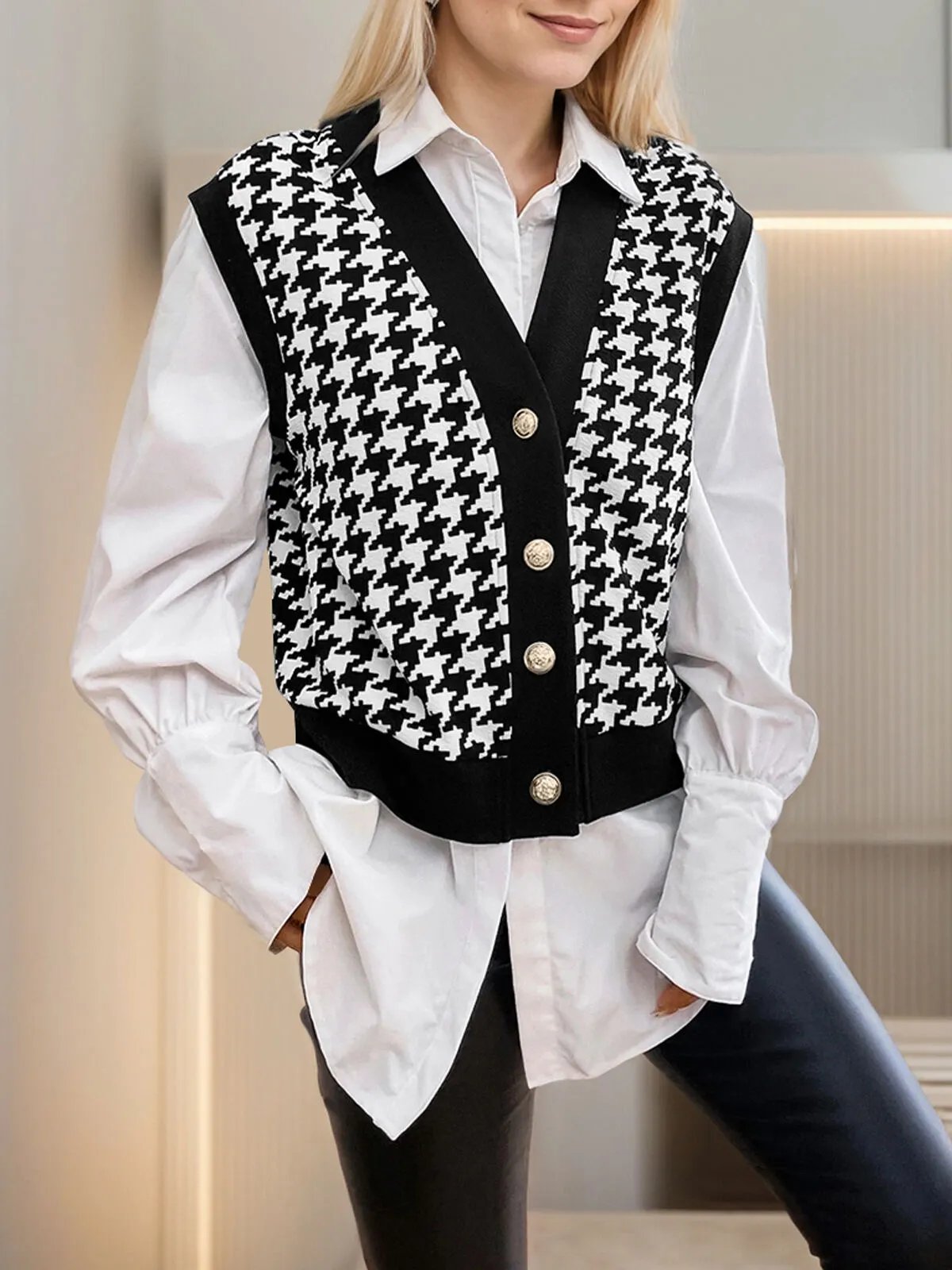 Houndstooth Metal Button V-neck Knit Vest, 5 of 5